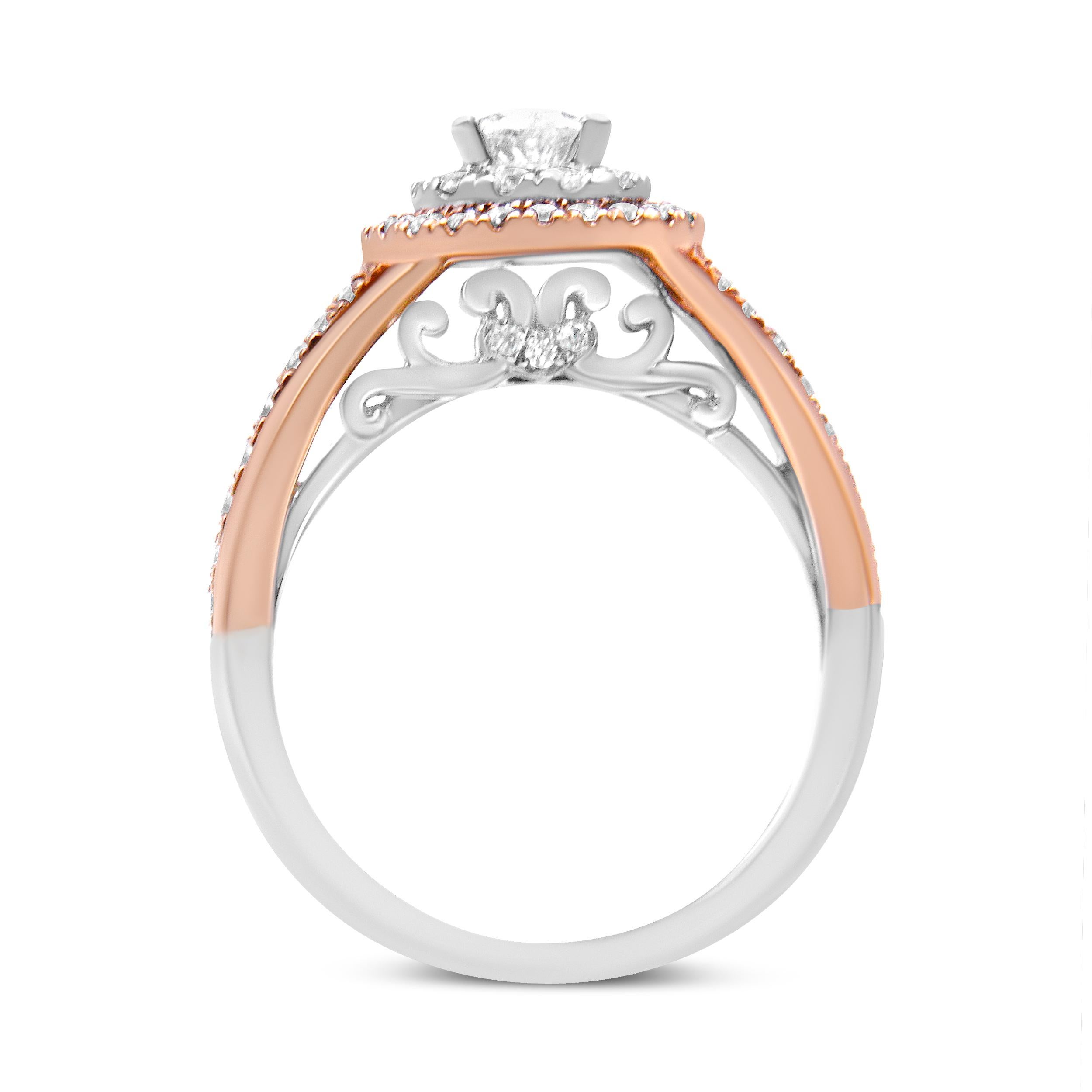 14K White & Rose Gold 1.0 Carat Diamond Pear Shaped Double Halo Engagement Ring In New Condition In New York, NY