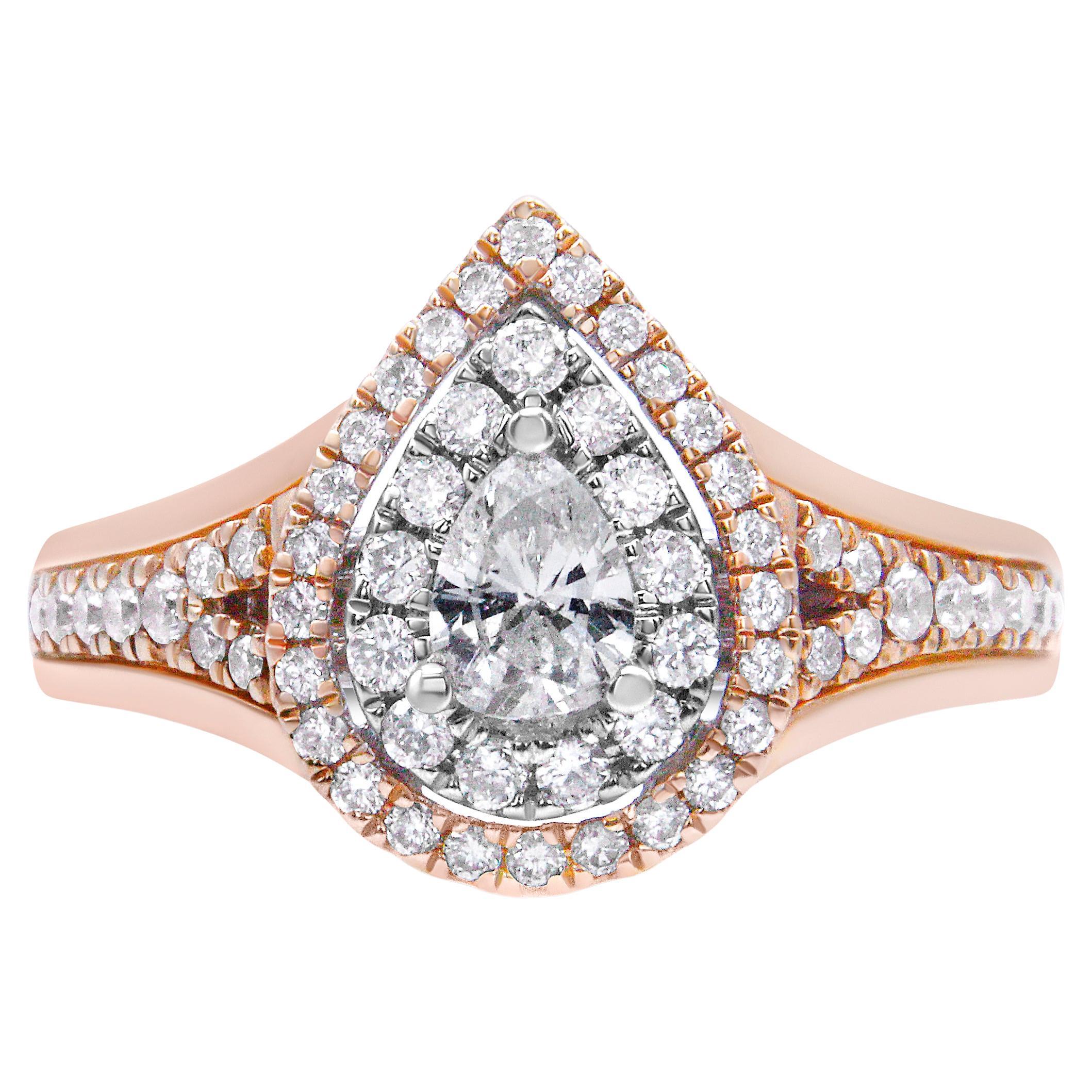 14K White & Rose Gold 1.0 Carat Diamond Pear Shaped Double Halo Engagement Ring