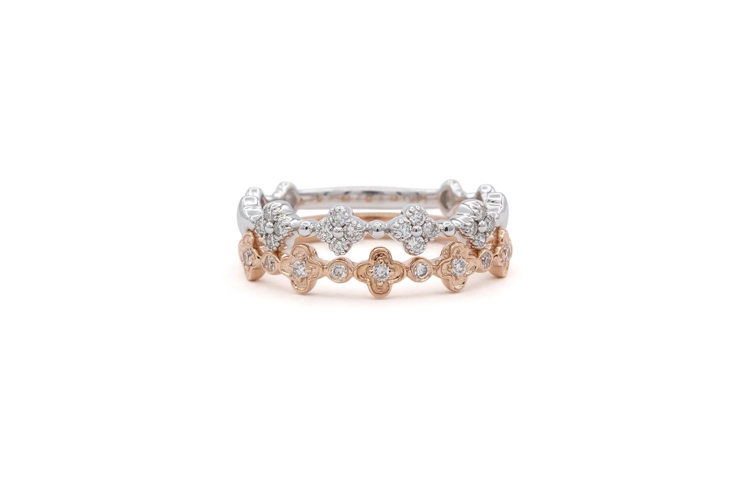 We are pleased to offer these Brand New 14k White & Rose Gold Diamond Alhambra Stacking Fashion Rings. They feature 0.22ctw G/VS Round brilliant Cut Diamonds set in 14k gold. They are size 6.5 US and measures 3.60mm wide above the finger and 2.00mm