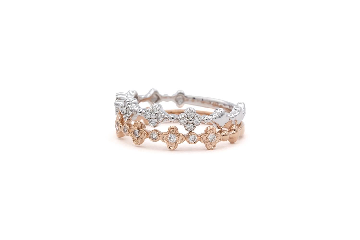 Contemporary 14k White & Rose Gold Diamond Alhambra Stacking Fashion Rings For Sale