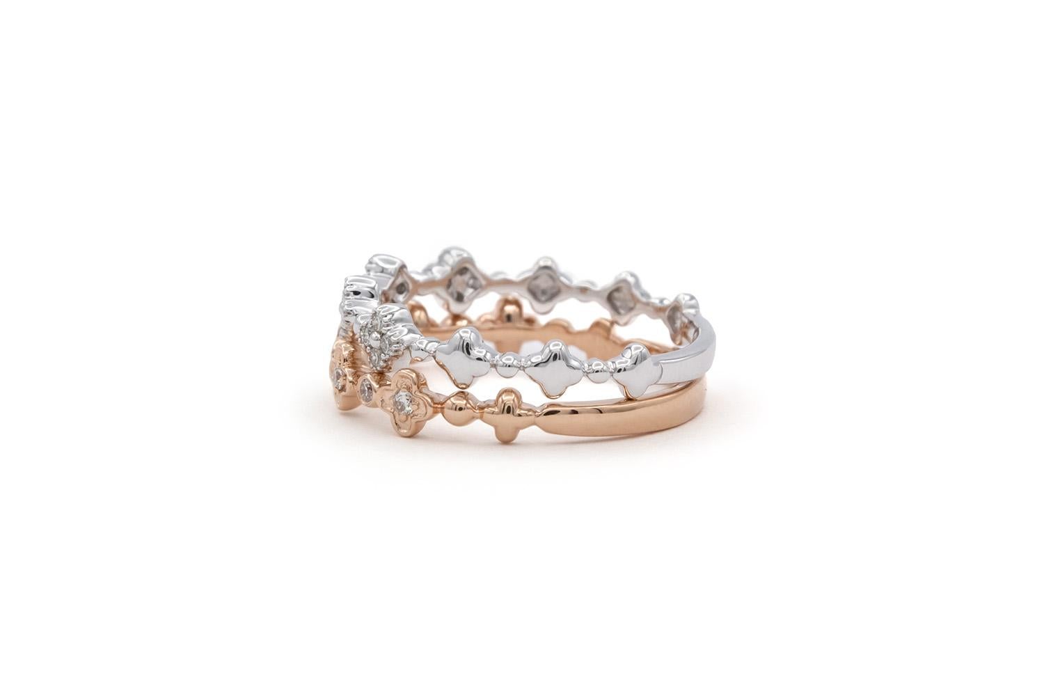 Brilliant Cut 14k White & Rose Gold Diamond Alhambra Stacking Fashion Rings For Sale