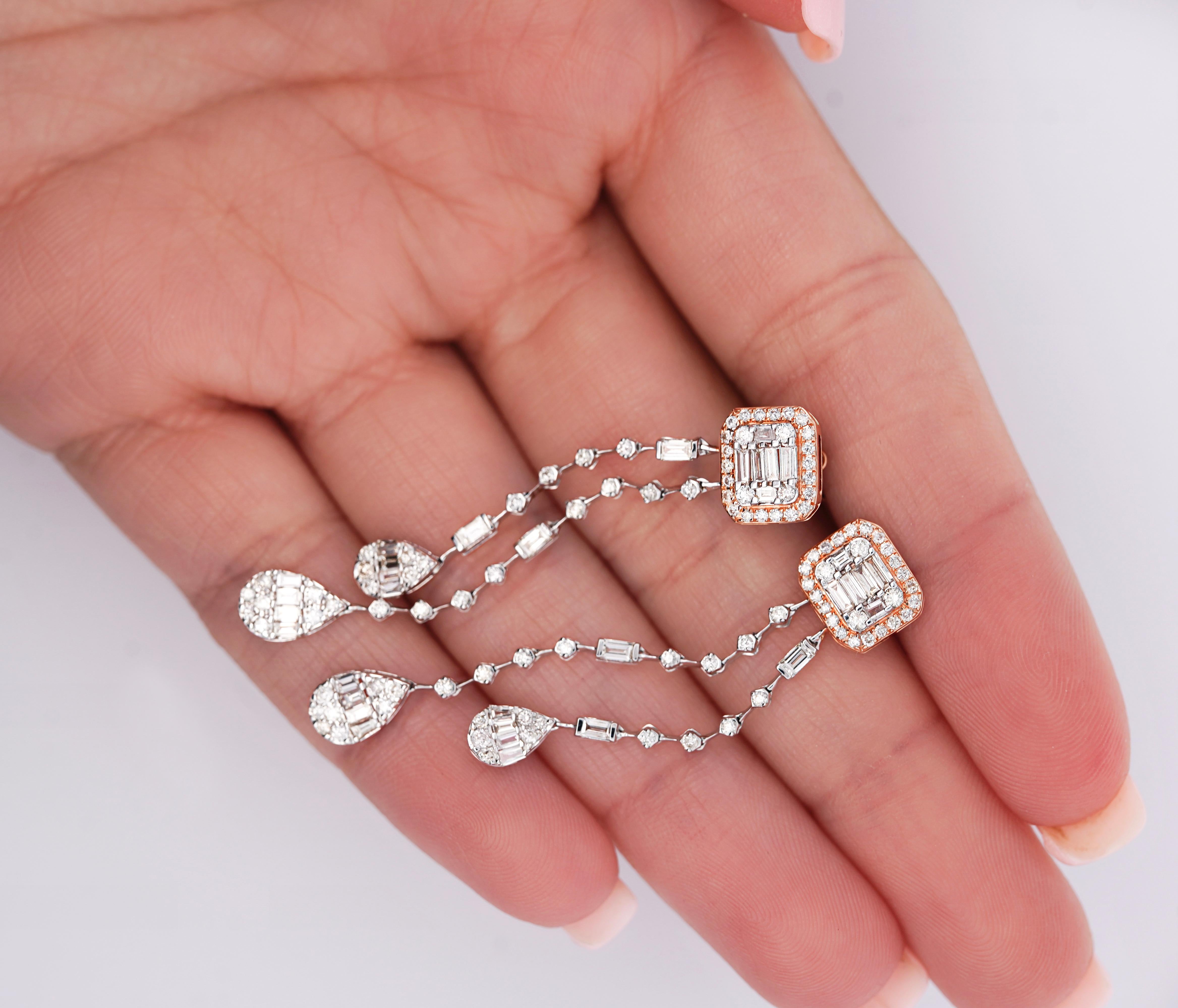 Pendientes Colgantes de Dos Filamentos con Diamantes Invisibles en Racimo de Oro Blanco y Rosa de 14 K en Nuevo estado para la venta en Miami, FL