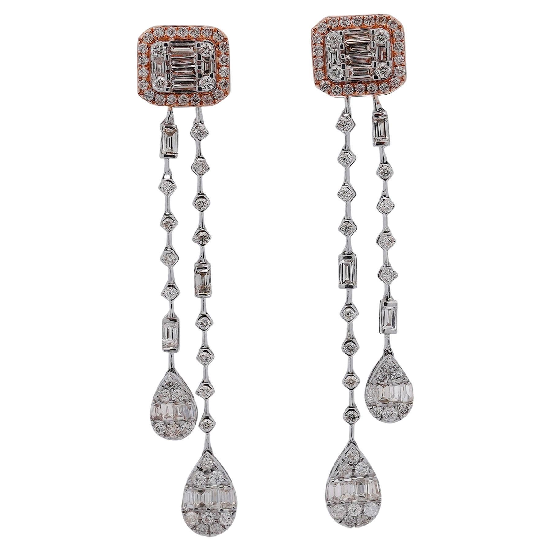 Pendientes Colgantes de Dos Filamentos con Diamantes Invisibles en Racimo de Oro Blanco y Rosa de 14 K en venta