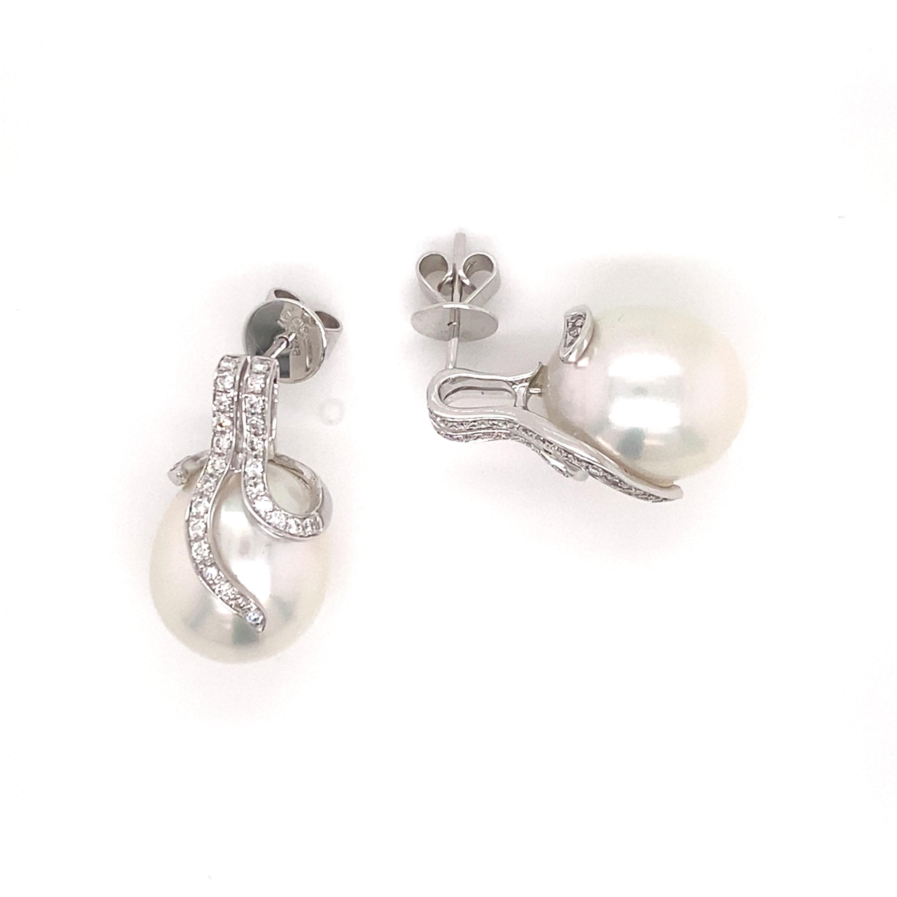 Round Cut 14K White South Sea Pearl and Diamond Earrings