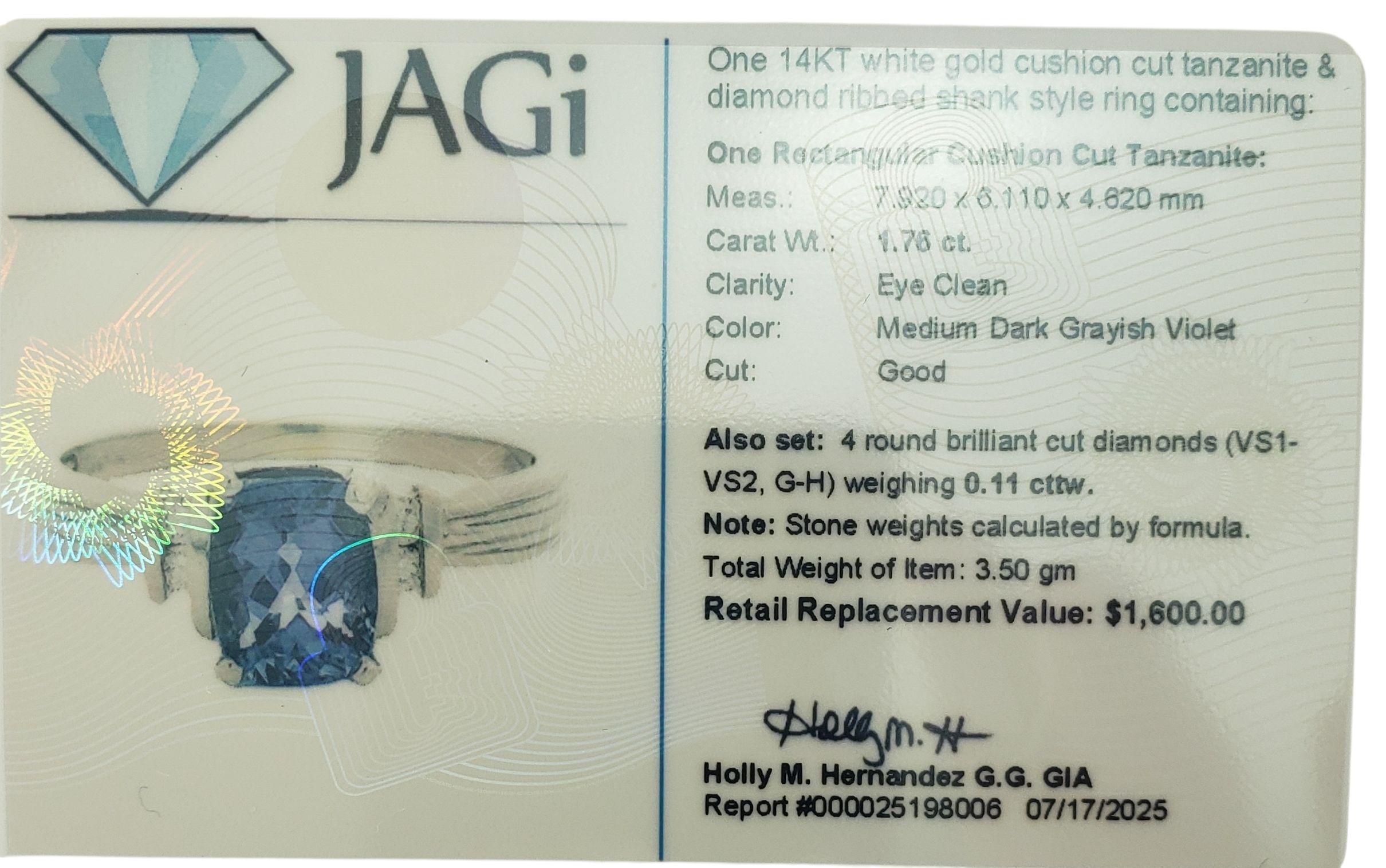 14K White Tanzanite and Diamond Ring Size 9.5 JAGi Certified #22677 For Sale 4