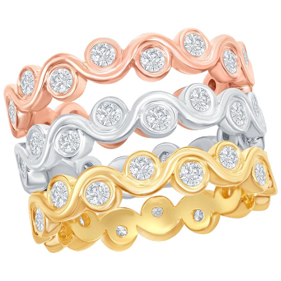 14 Karat White, Yellow, and Rose Gold Diamond Bezel Stacking Rings For Sale