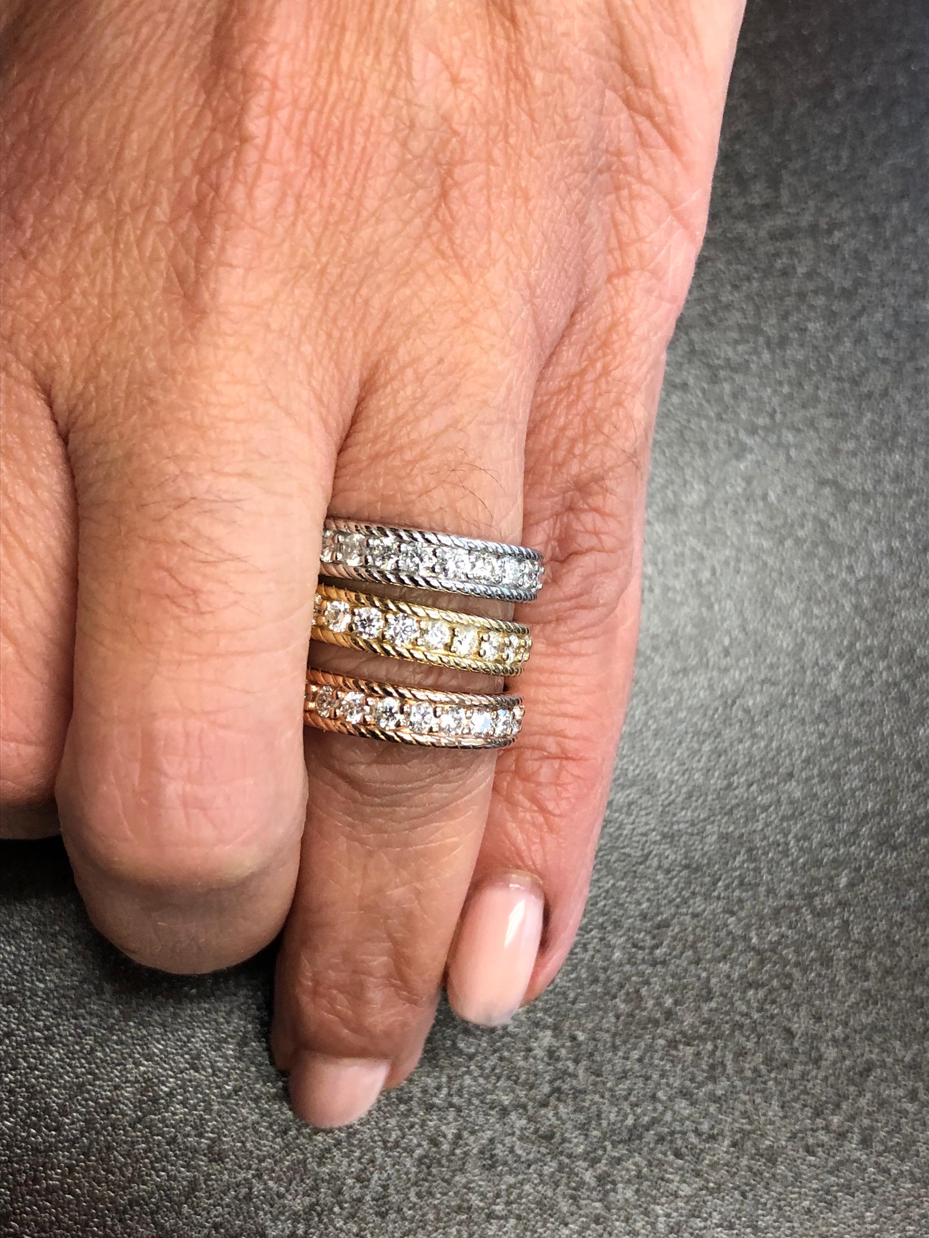 14K stackable tricolor rings each weighing a total of 1.20 Carats. Each stone weighs 0.05 carats. The color of the stones are G-H, the clarity is SI1-SI2. The rings are sold as a set and the size of each band is a 6.5. Can be ordered in any finger