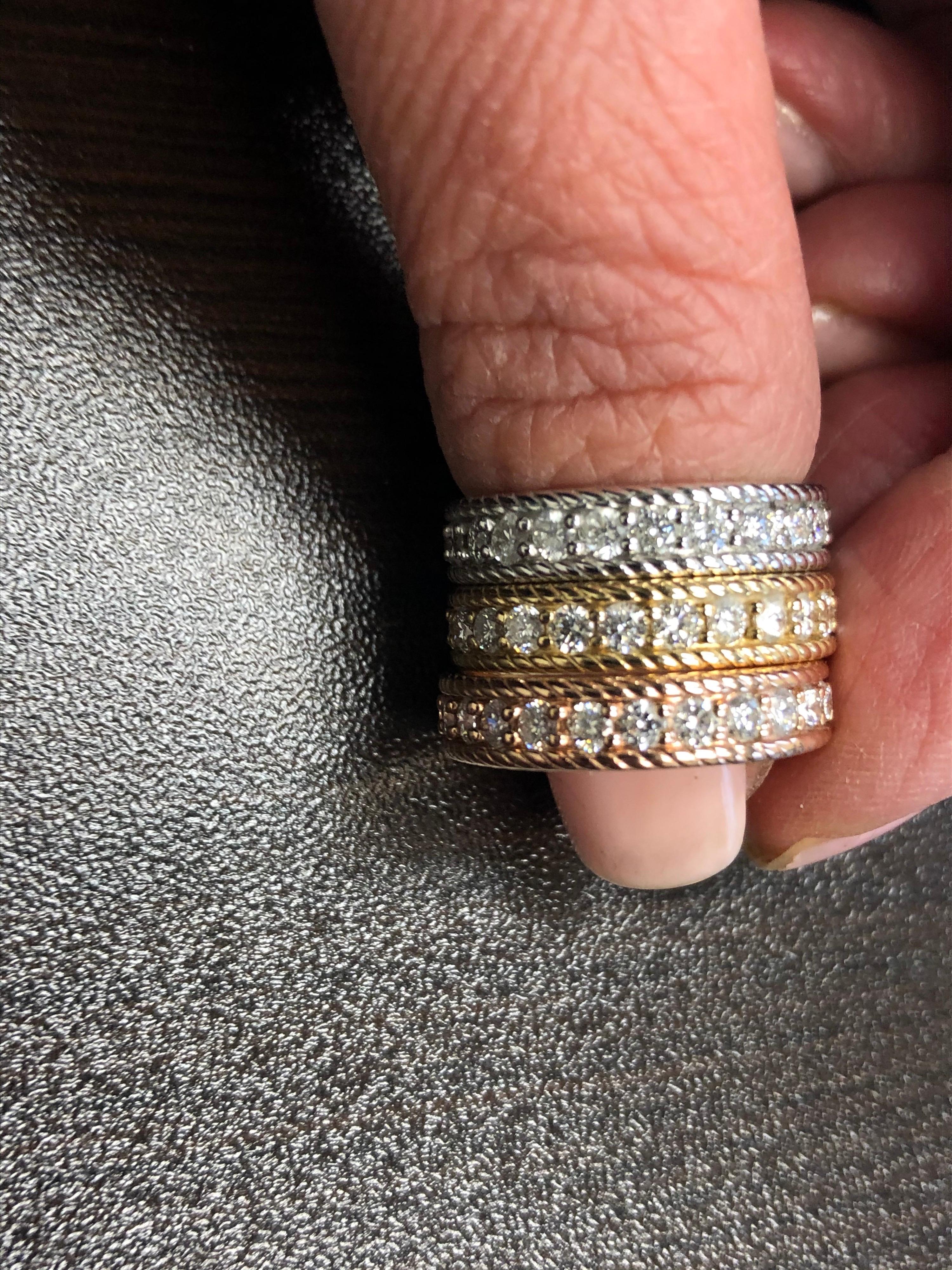 Modern 14 Karat White, Yellow, and Rose Gold Diamond Eternity Rings For Sale