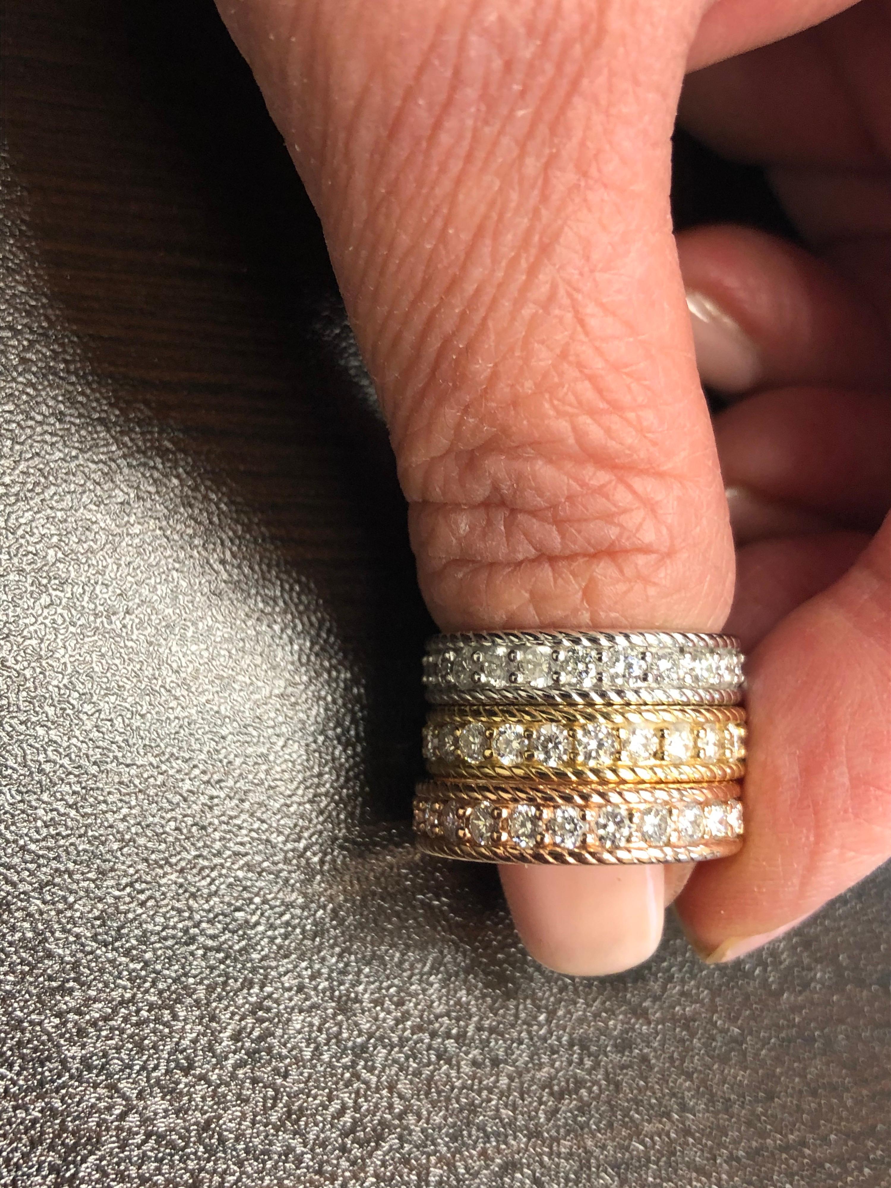 Round Cut 14 Karat White, Yellow, and Rose Gold Diamond Eternity Rings For Sale