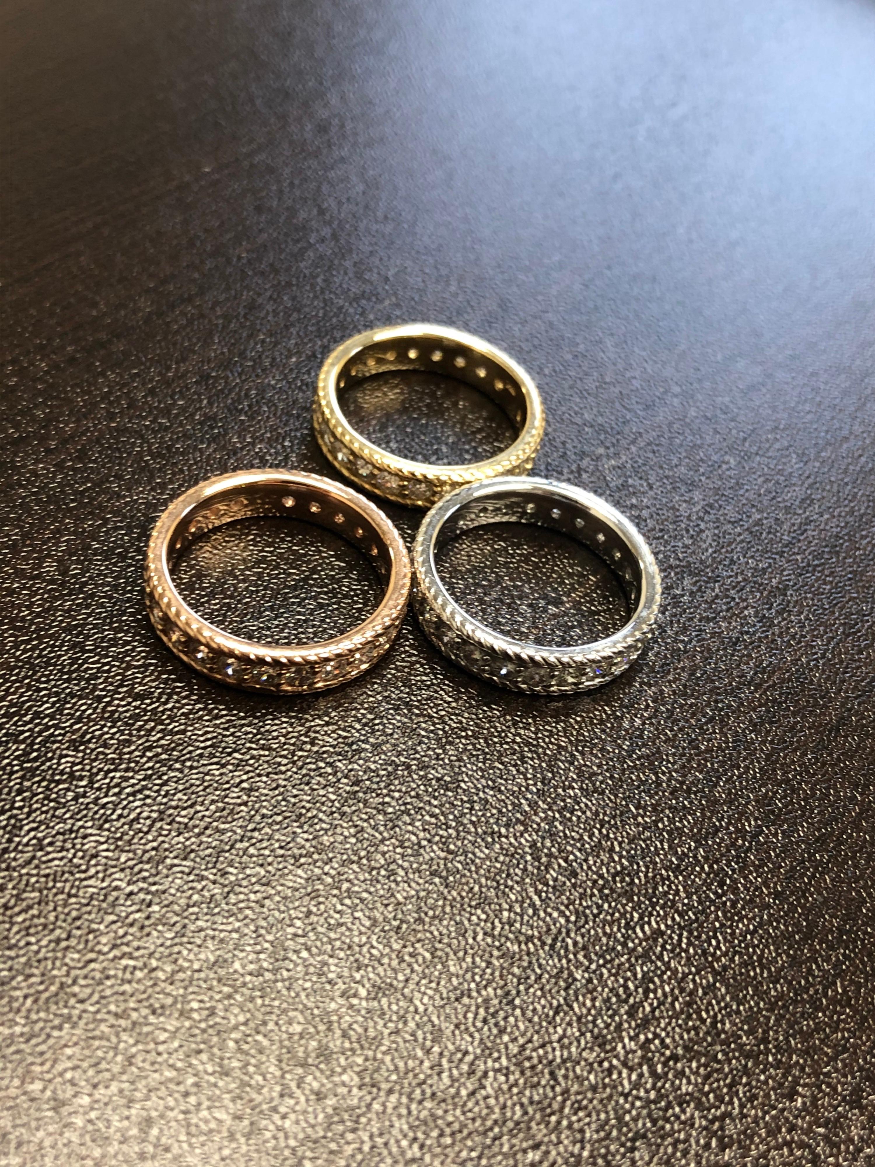 14 Karat White, Yellow, and Rose Gold Diamond Eternity Rings For Sale 1