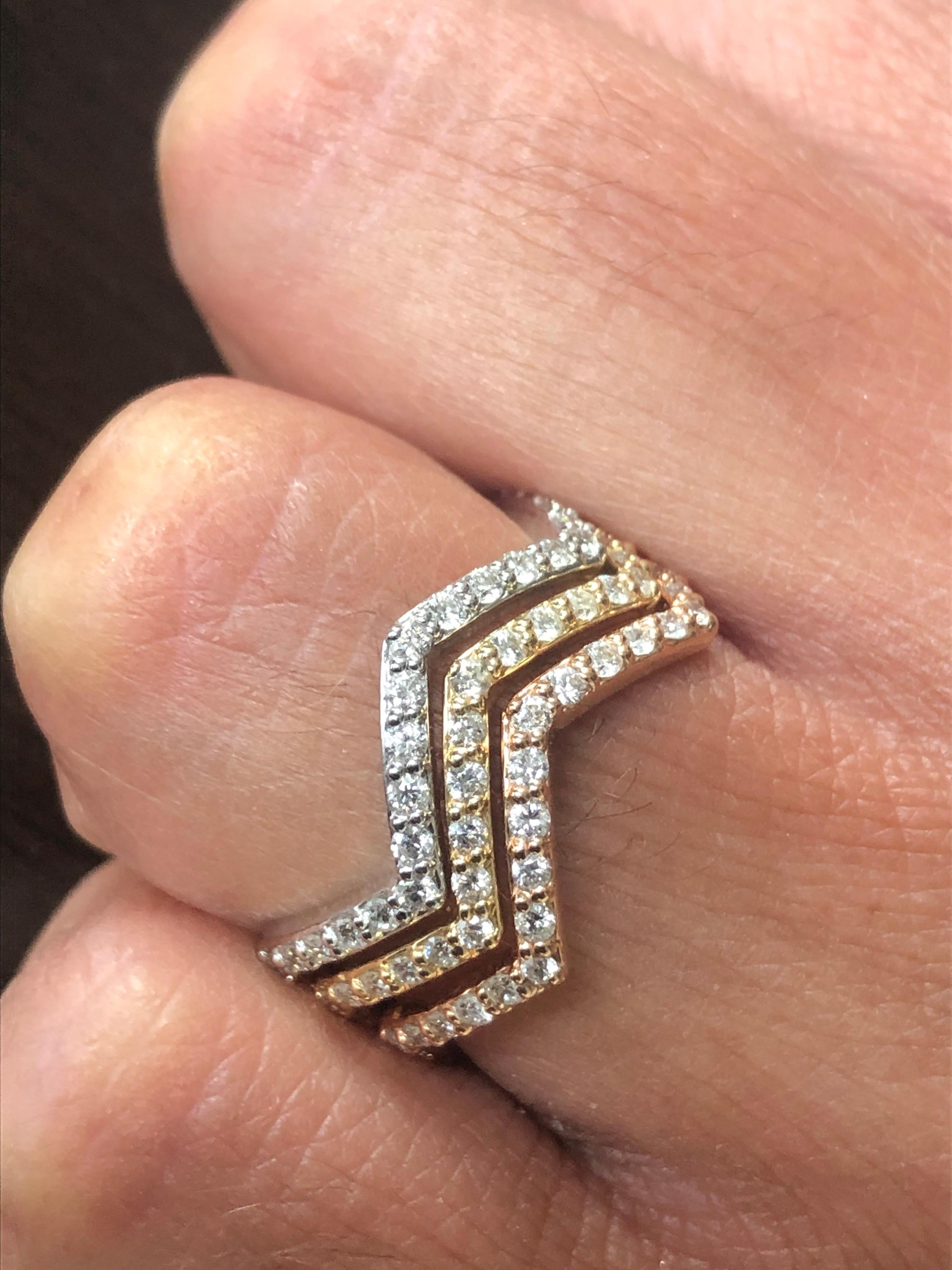 Modern 14 Karat White, Yellow, and Rose Gold Zigzag Rings For Sale