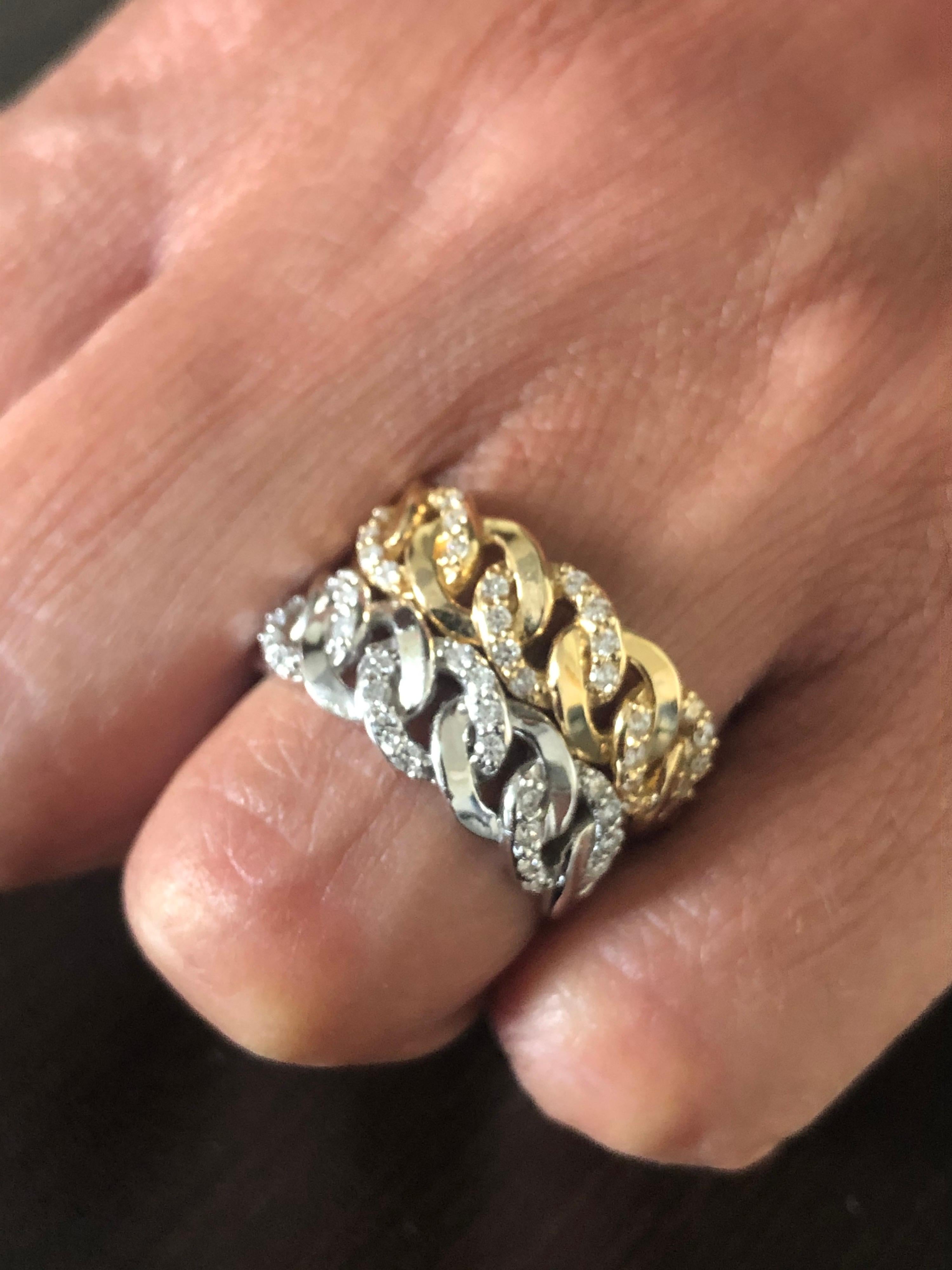 Modern 14 Karat White, Yellow Diamond Link Rings For Sale