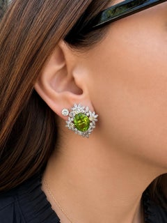 14k White & Yellow Gold 10.32tw Oval Peridot & Diamond Flower Spray Earrings