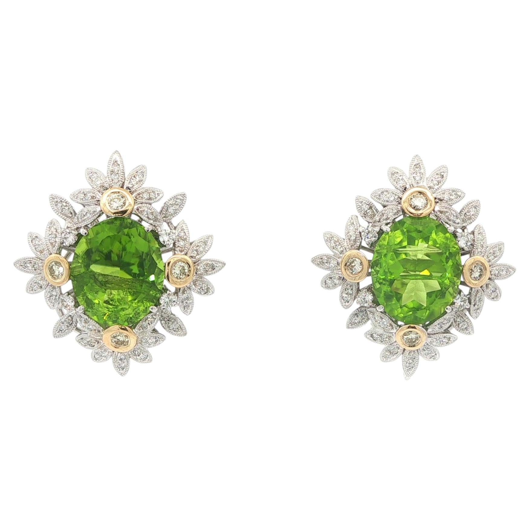 14k Weiß & Gelbgold 10,32tw Oval Peridot & Diamant Flower Spray Ohrringe
