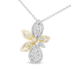 14K White & Yellow Gold 5/8 Carat Diamond Marquise Floral Style Pendant Necklace