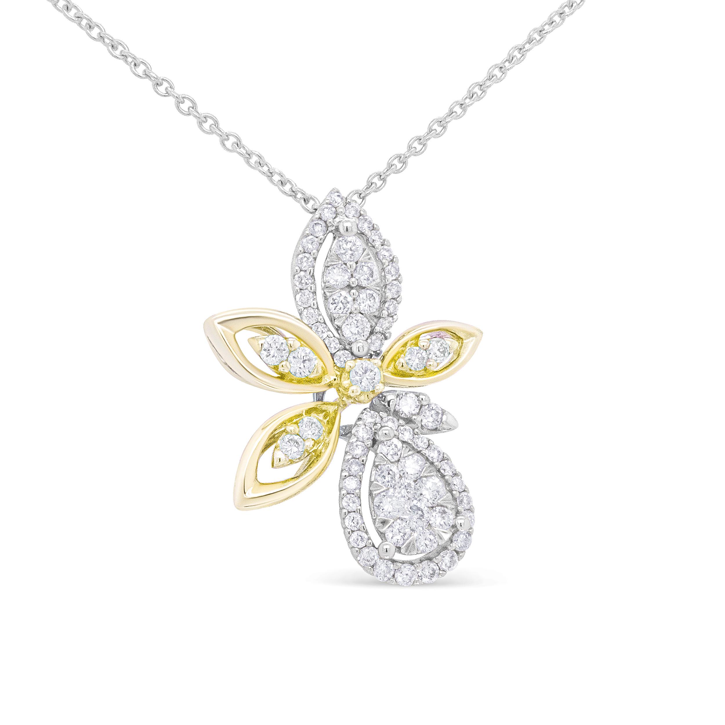 Contemporary 14K White & Yellow Gold 5/8 Carat Diamond Marquise Floral Style Pendant Necklace For Sale