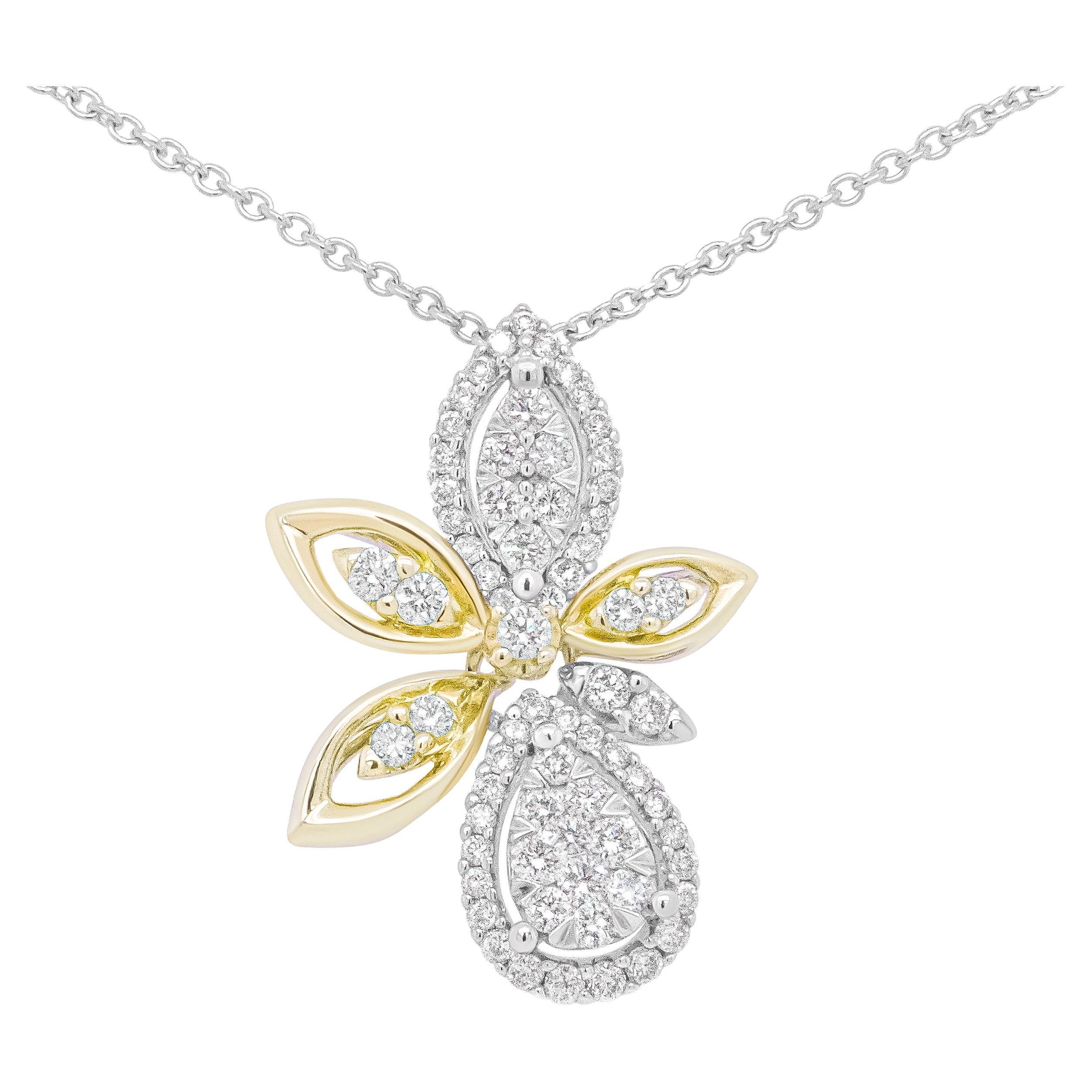 14K White & Yellow Gold 5/8 Carat Diamond Marquise Floral Style Pendant Necklace For Sale