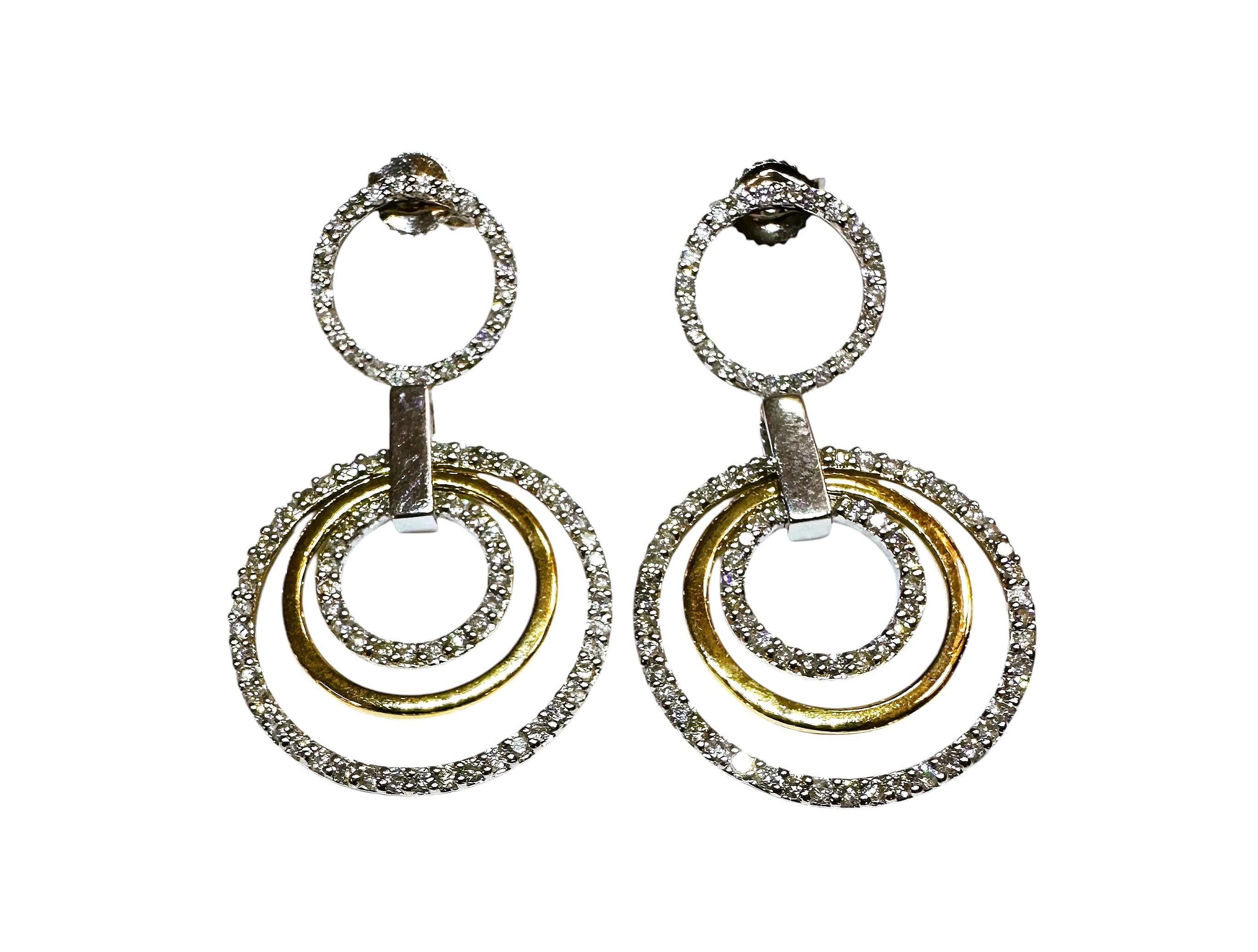 Boucles d'oreilles pendantes en or blanc et jaune 14k avec diamants taillés en brillant - Hallmarked Pour femmes en vente