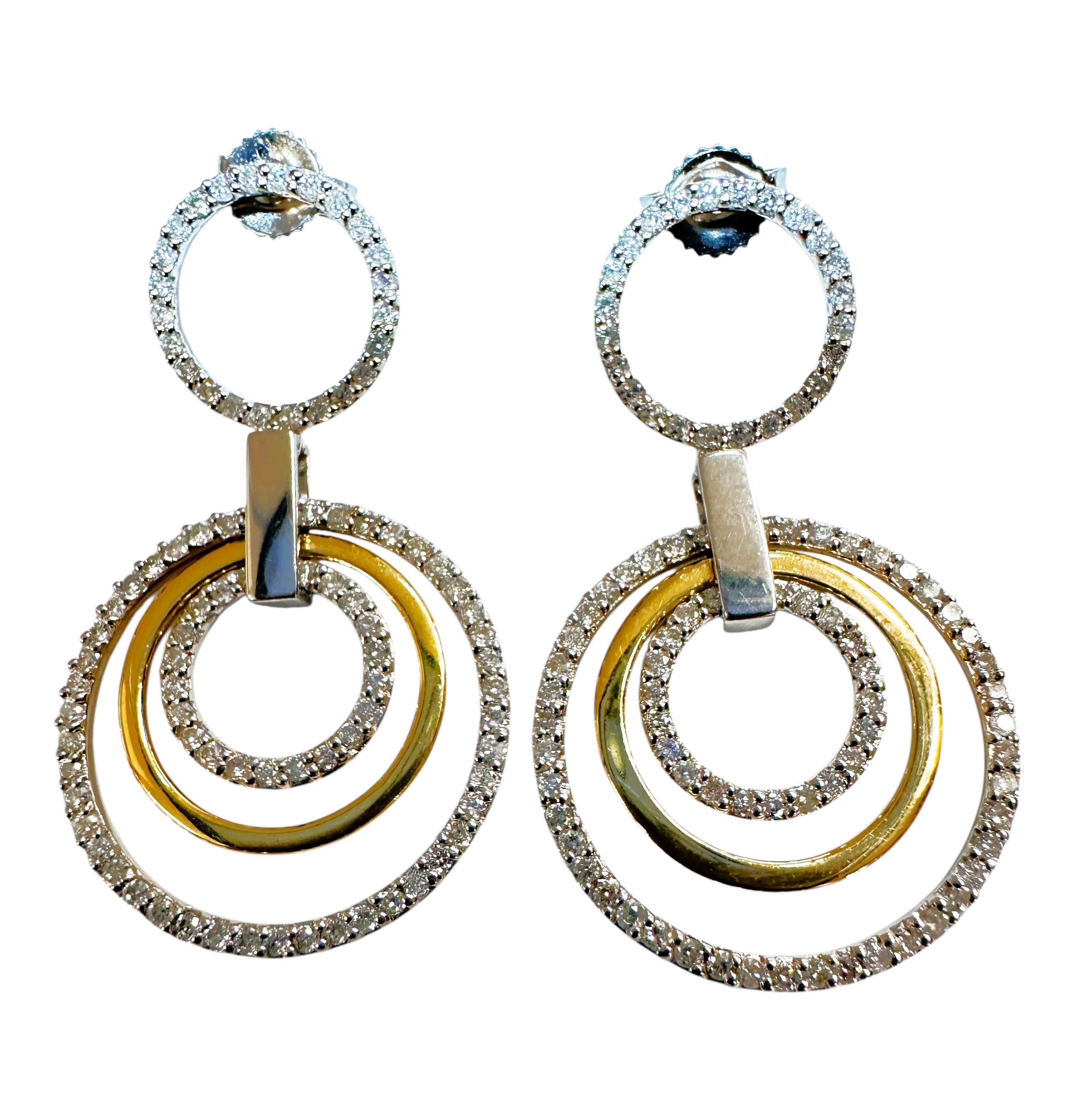 Boucles d'oreilles pendantes en or blanc et jaune 14k avec diamants taillés en brillant - Hallmarked en vente 1