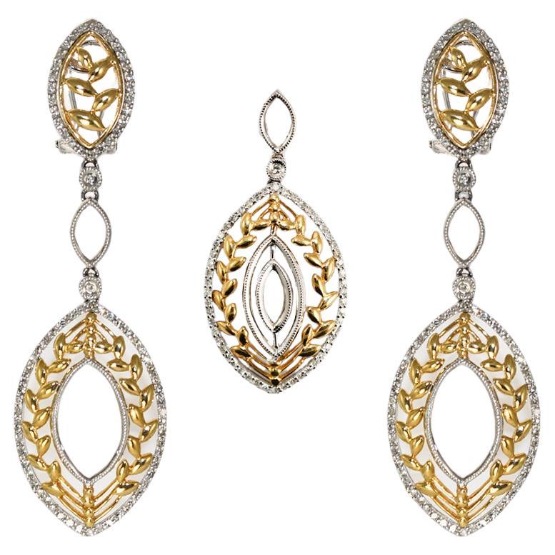 14K White & Yellow Gold Dangle Earrings & Pendant Set For Sale
