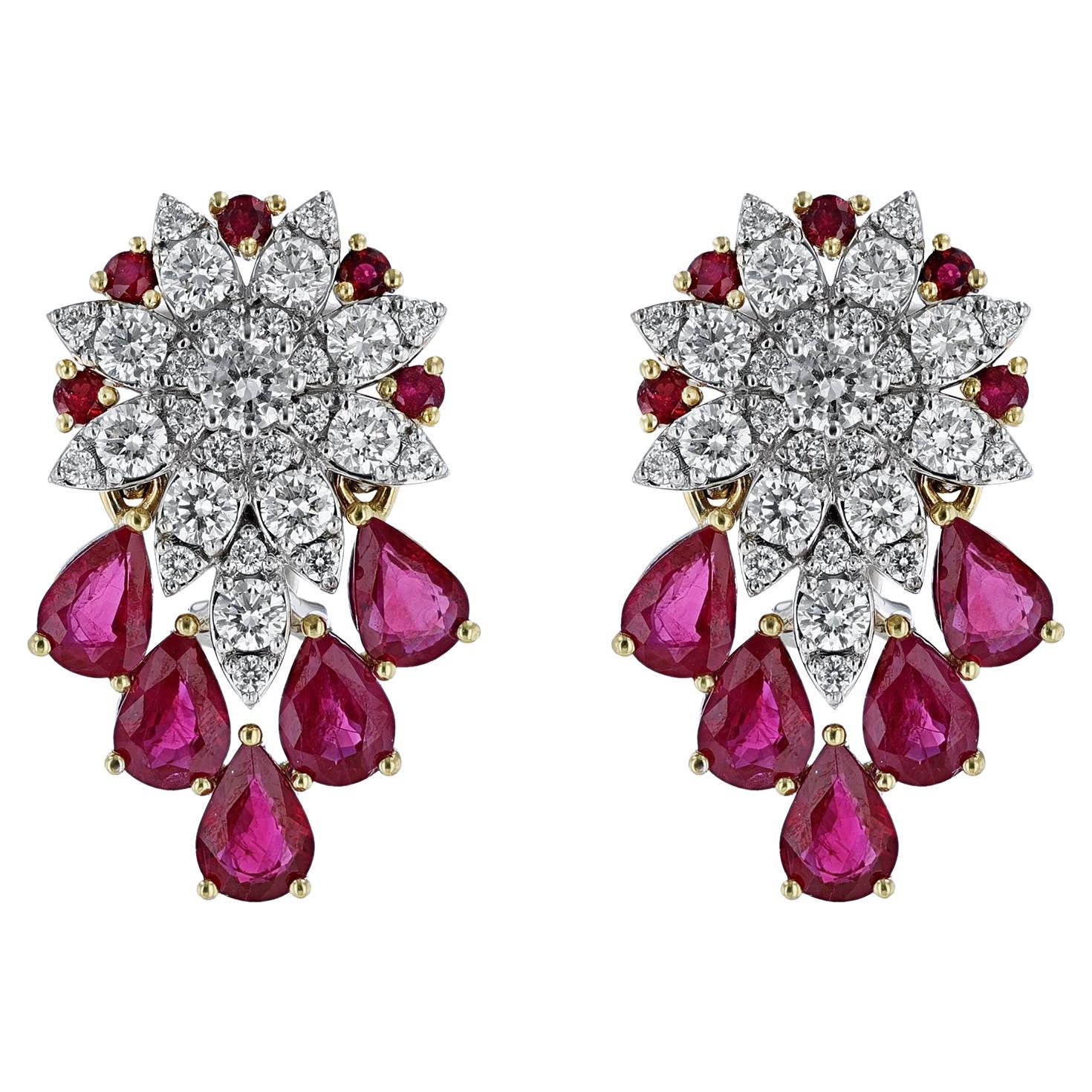 14K White & Yellow Gold Diamond Floral Ruby Accent Drops Earrings For Sale