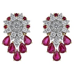 14K White & Yellow Gold Diamond Floral Ruby Accent Drops Earrings
