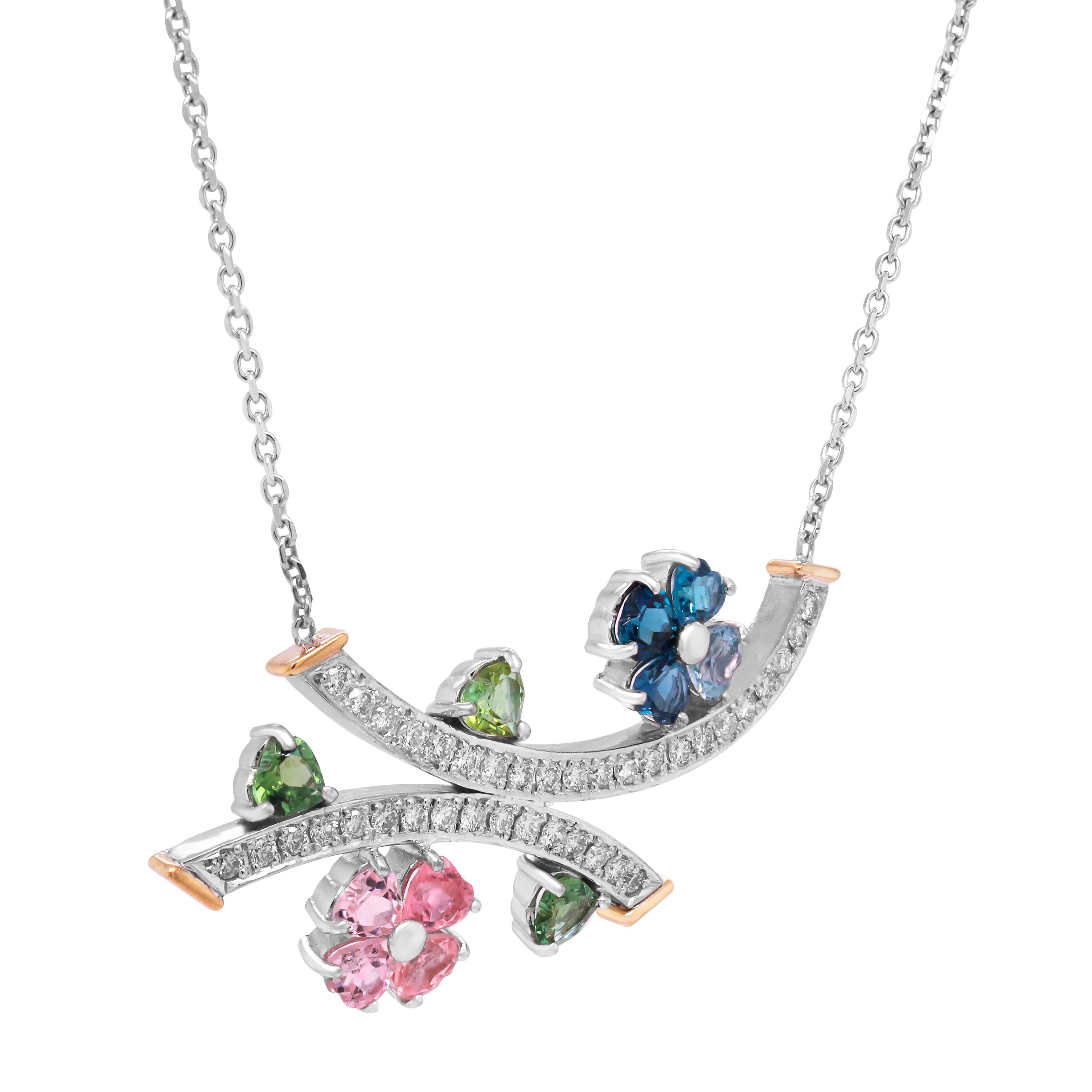 Contemporary 14 Karat White Yellow Gold Diamond Heart Shape Green Pink Blue Sapphires Pendant