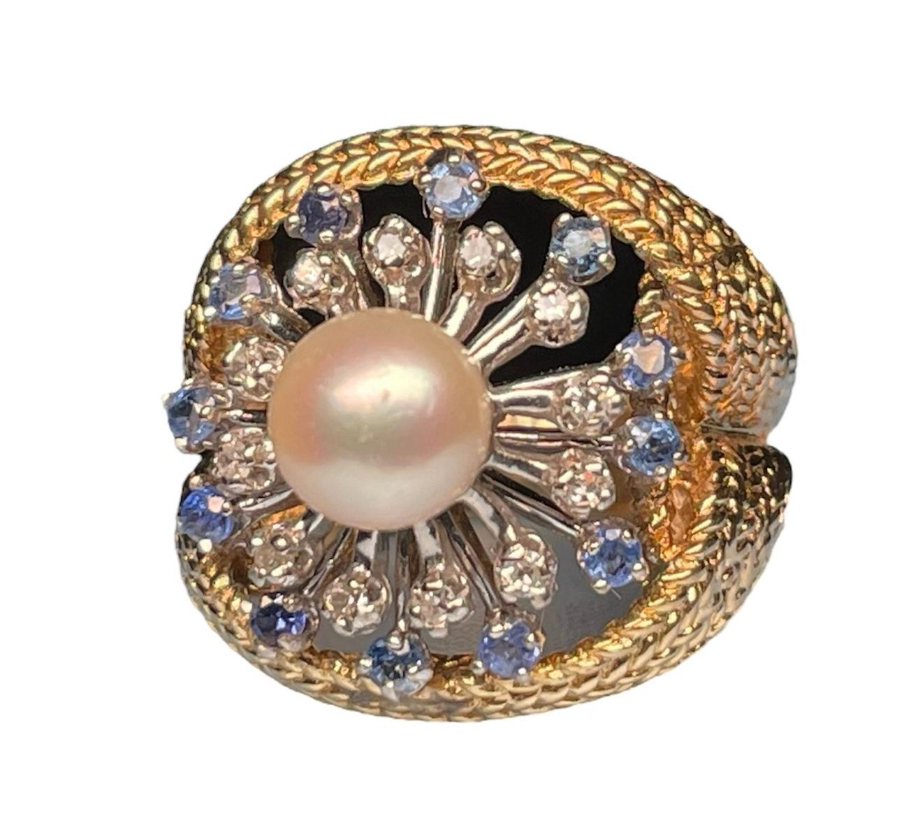 Bague cocktail en or blanc/jaune 14 carats, diamants, perles et saphirs en vente 4