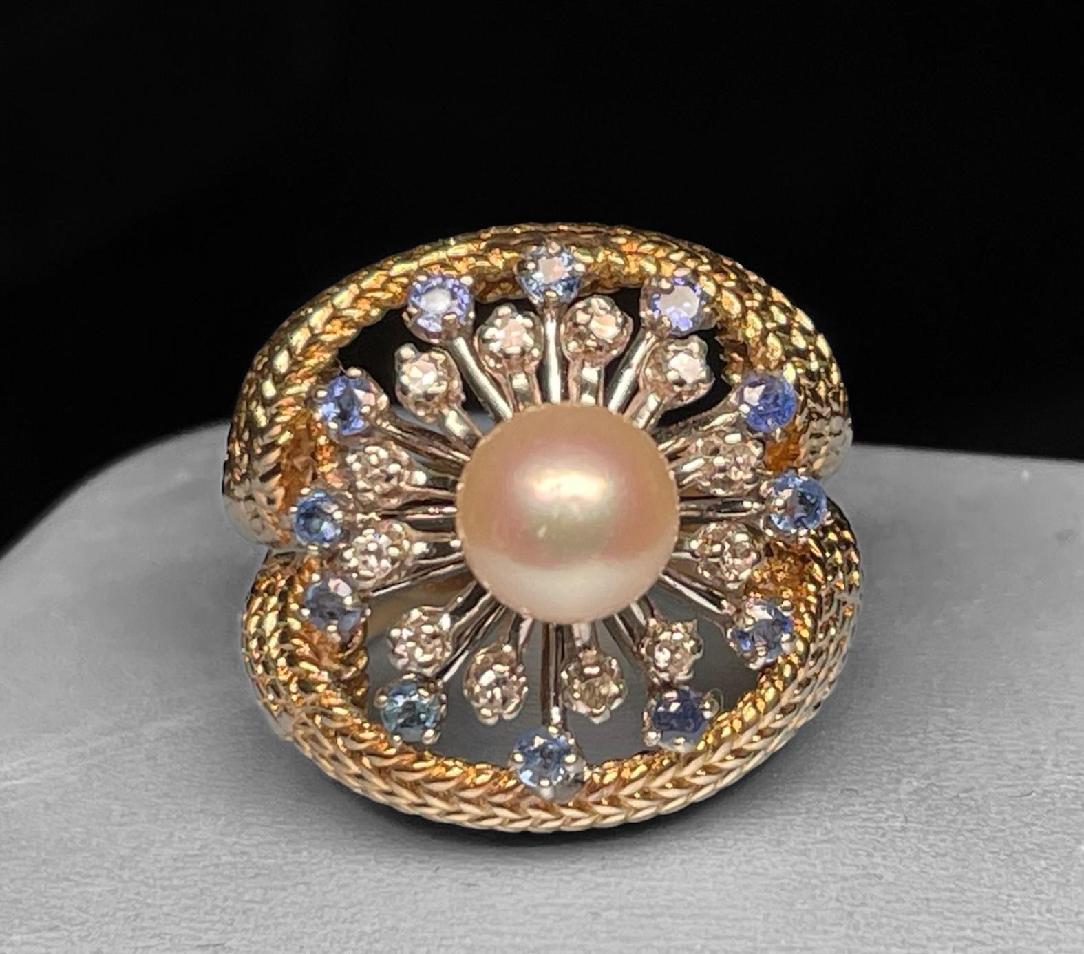 Bague cocktail en or blanc/jaune 14 carats, diamants, perles et saphirs en vente 7