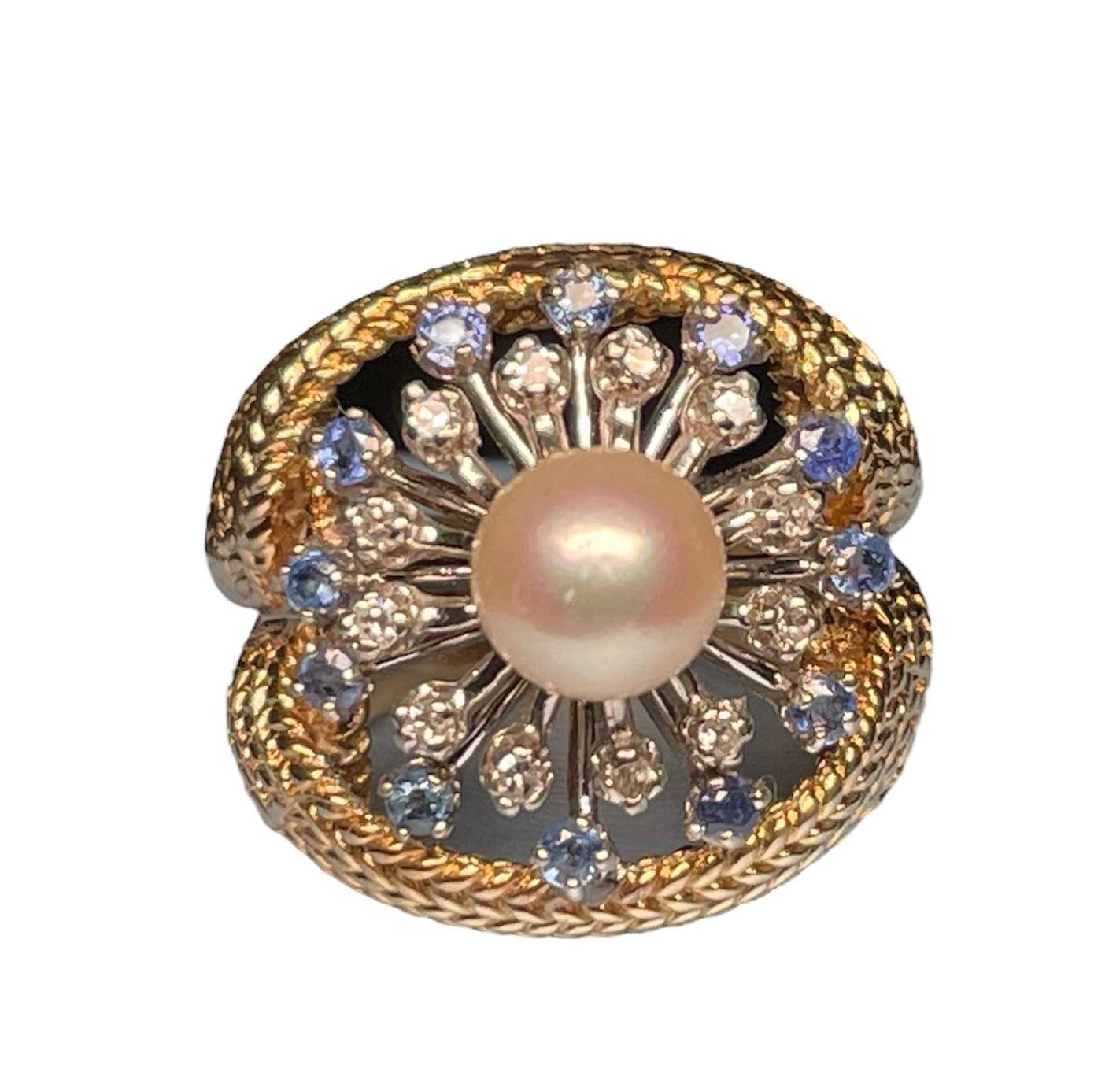 Taille ronde Bague cocktail en or blanc/jaune 14 carats, diamants, perles et saphirs en vente