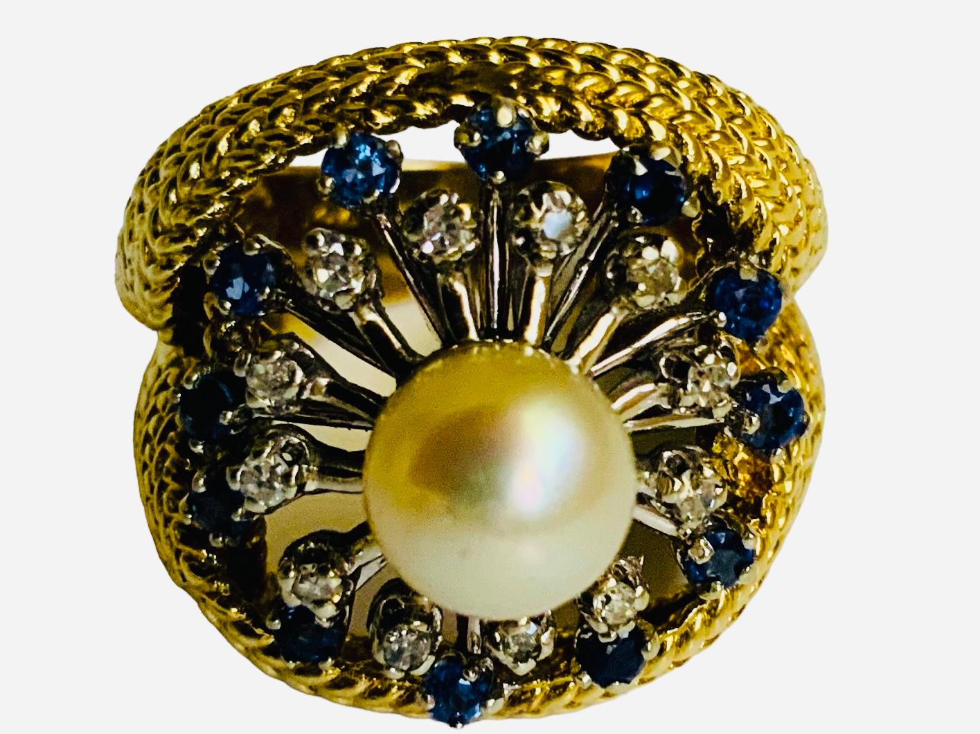 Women's 14k White/Yellow Gold Diamonds, Pearl And Sapphires Cocktail Ring For Sale