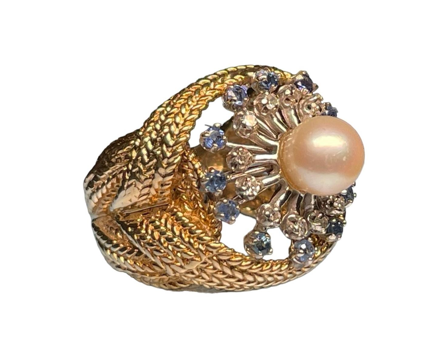 Bague cocktail en or blanc/jaune 14 carats, diamants, perles et saphirs Pour femmes en vente