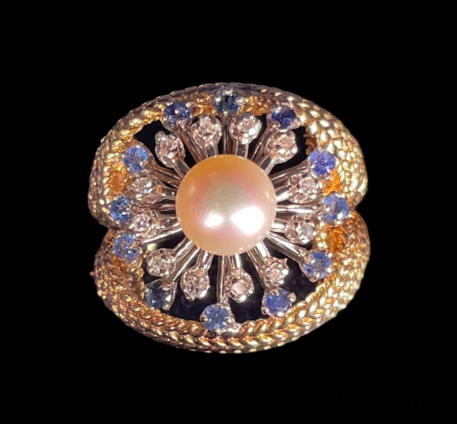 Bague cocktail en or blanc/jaune 14 carats, diamants, perles et saphirs en vente 1