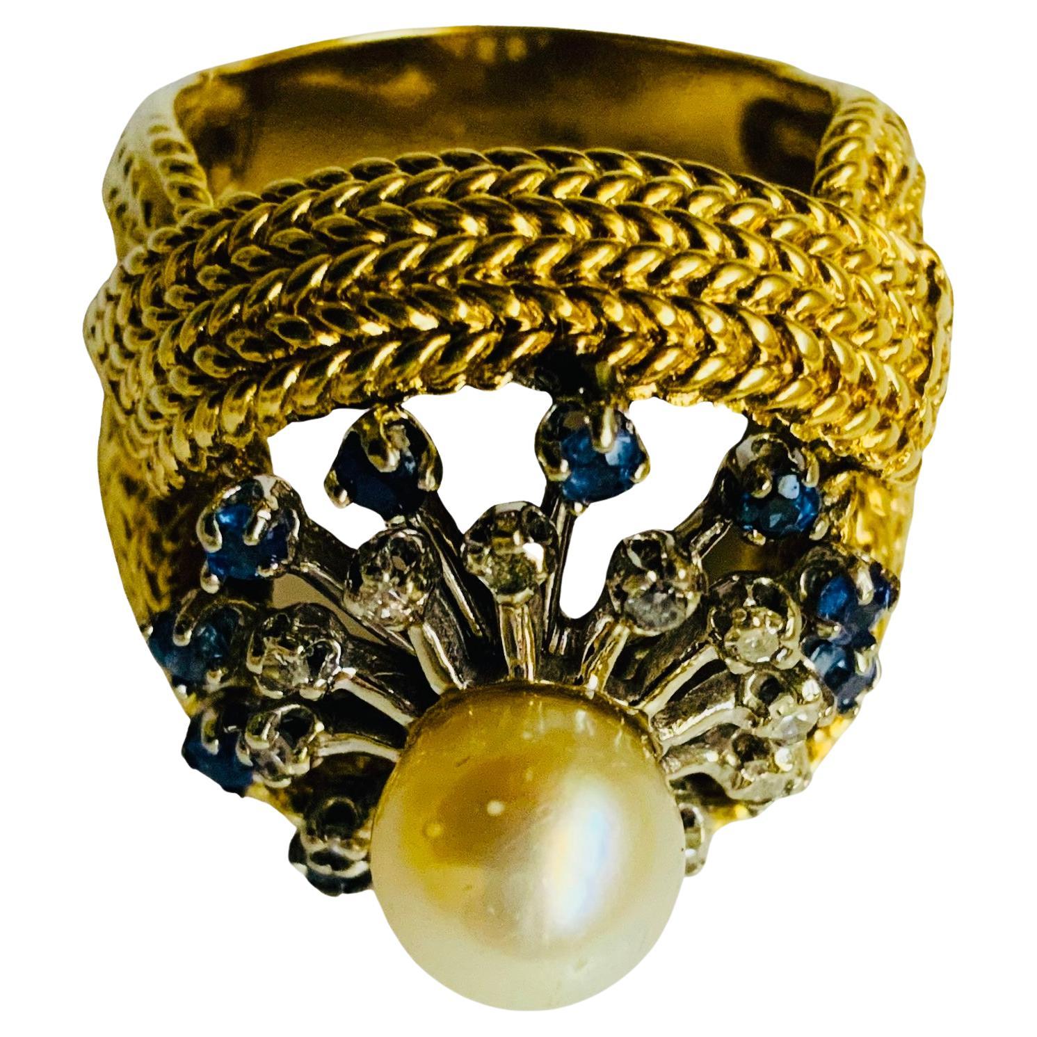 14k White/Yellow Gold Diamonds, Pearl And Sapphires Cocktail Ring For Sale