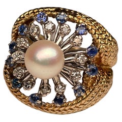 Vintage 14k White/Yellow Gold Diamonds, Pearl And Sapphires Cocktail Ring