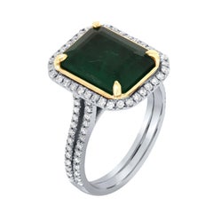 14K White & Yellow Gold GIA Certified 4.75 Carat Green Emerald Halo Diamond Ring