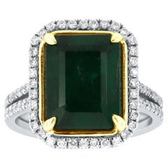 14K White & Yellow Gold GIA Certified 4.75 Carat Green Emerald Halo Diamond Ring