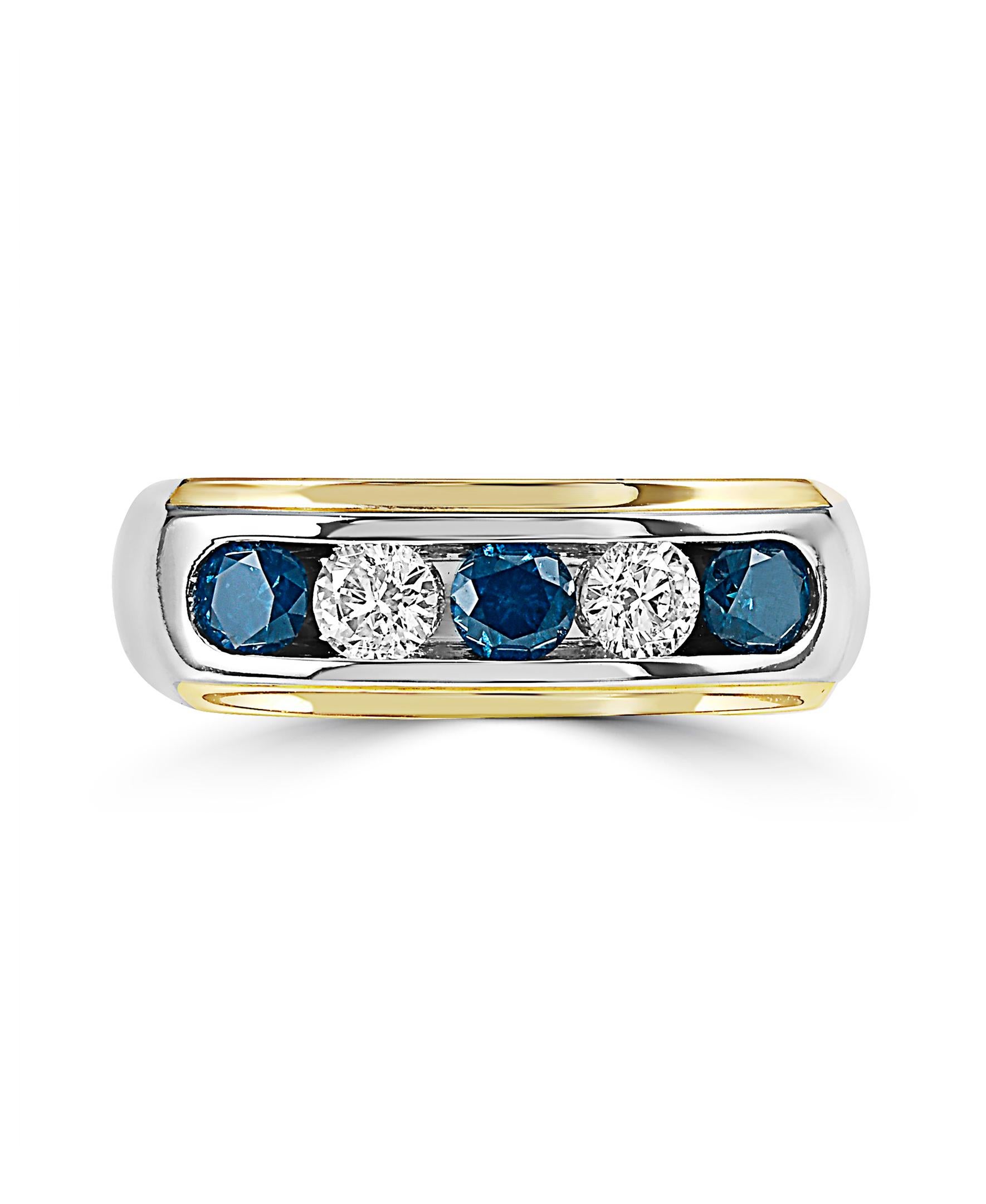 This is a unique Effy design Men's ring, in 14K White and Yellow Gold. 
The combination of white and blue diamonds has a total weight of 0.98ct.
The ring is a sizable size 10.
The item number is Y274.