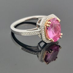 14K White & Yellow Gold Pink Sapphire Ring 2.53ct Oval Diamond Halo 0.14ctw Pave