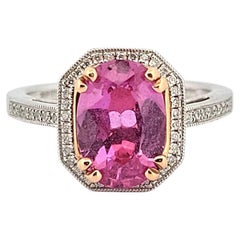14K White & Yellow Gold Pink Sapphire Ring 2.53ct Oval Diamond Halo 0.14ctw Pave