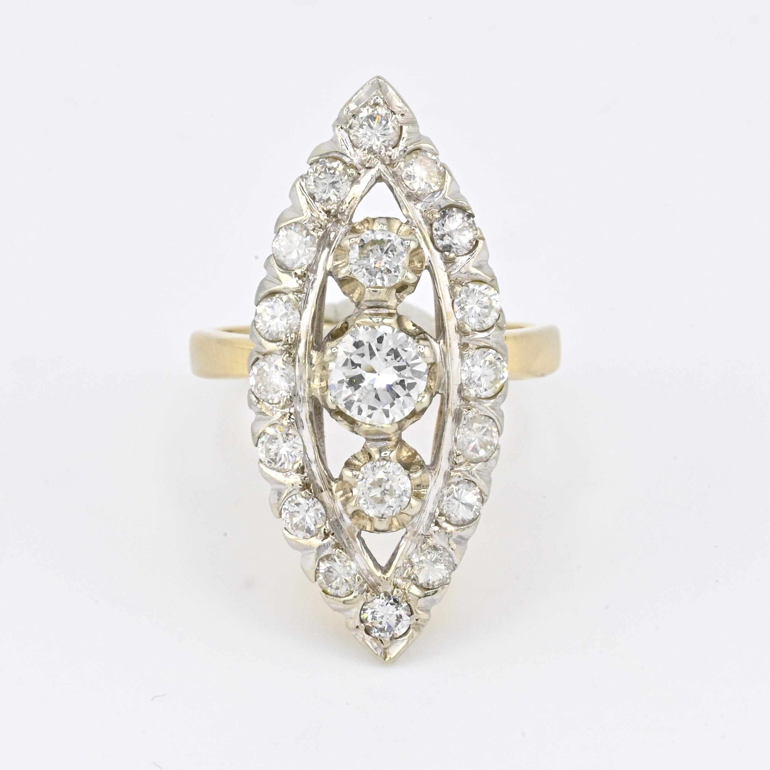 Old European Cut 14K White & Yellow Gold Ring with 1.67 Carats of Natural Diamonds, Size 6 For Sale