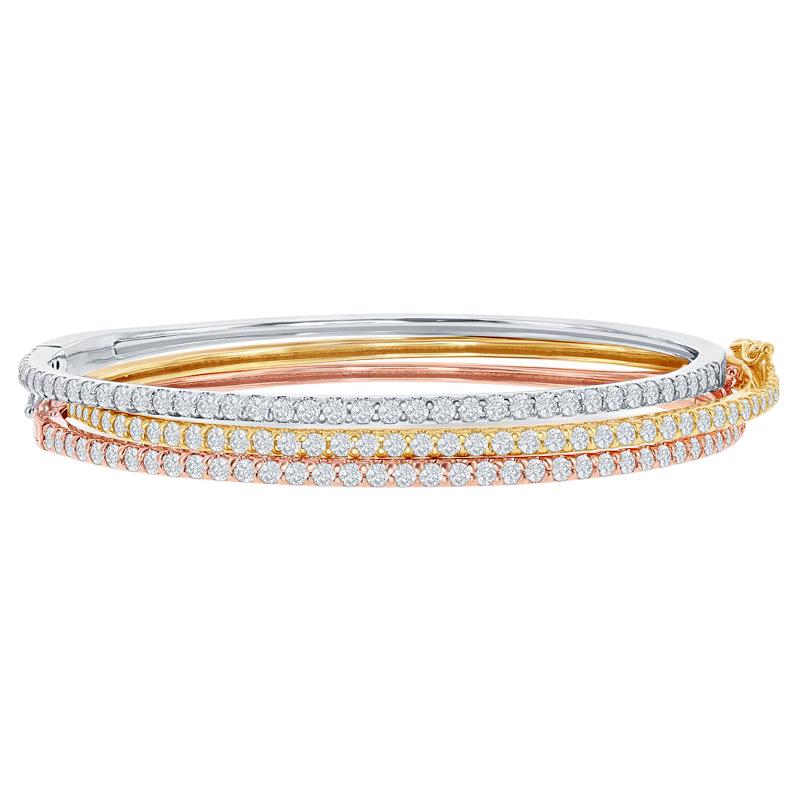 Bracelet jonc en or blanc, jaune et rose 14 carats avec diamants en demi-cercle en vente