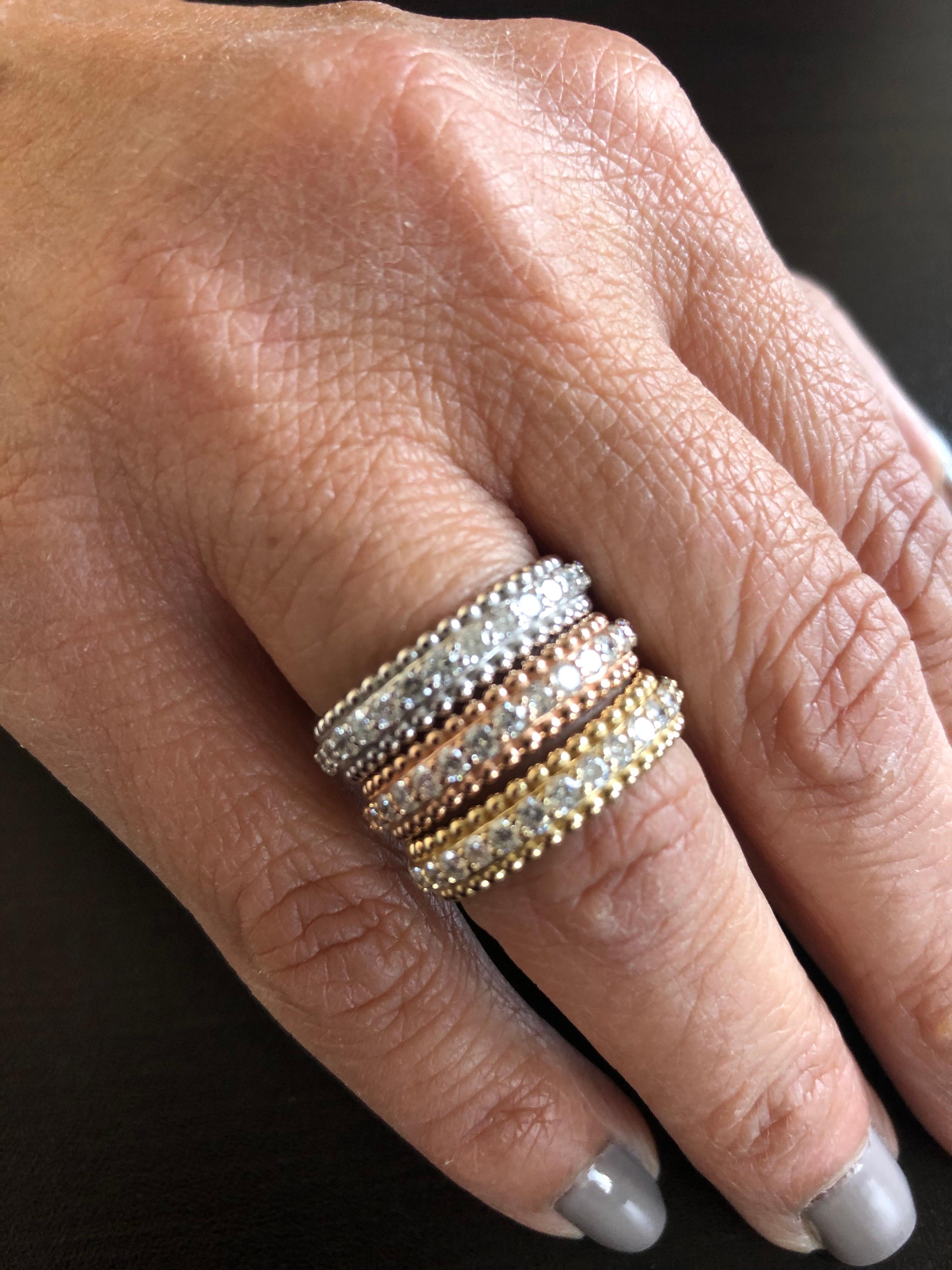 Tricolor beaded eternity rings 3/4 of the way around set in 14K gold. The total carat weight of each ring is 0.75 carats. The color of the stones are G-H, the clarity is SI1. The rings are sold as a set. The size of the rings are 6.5 and can be