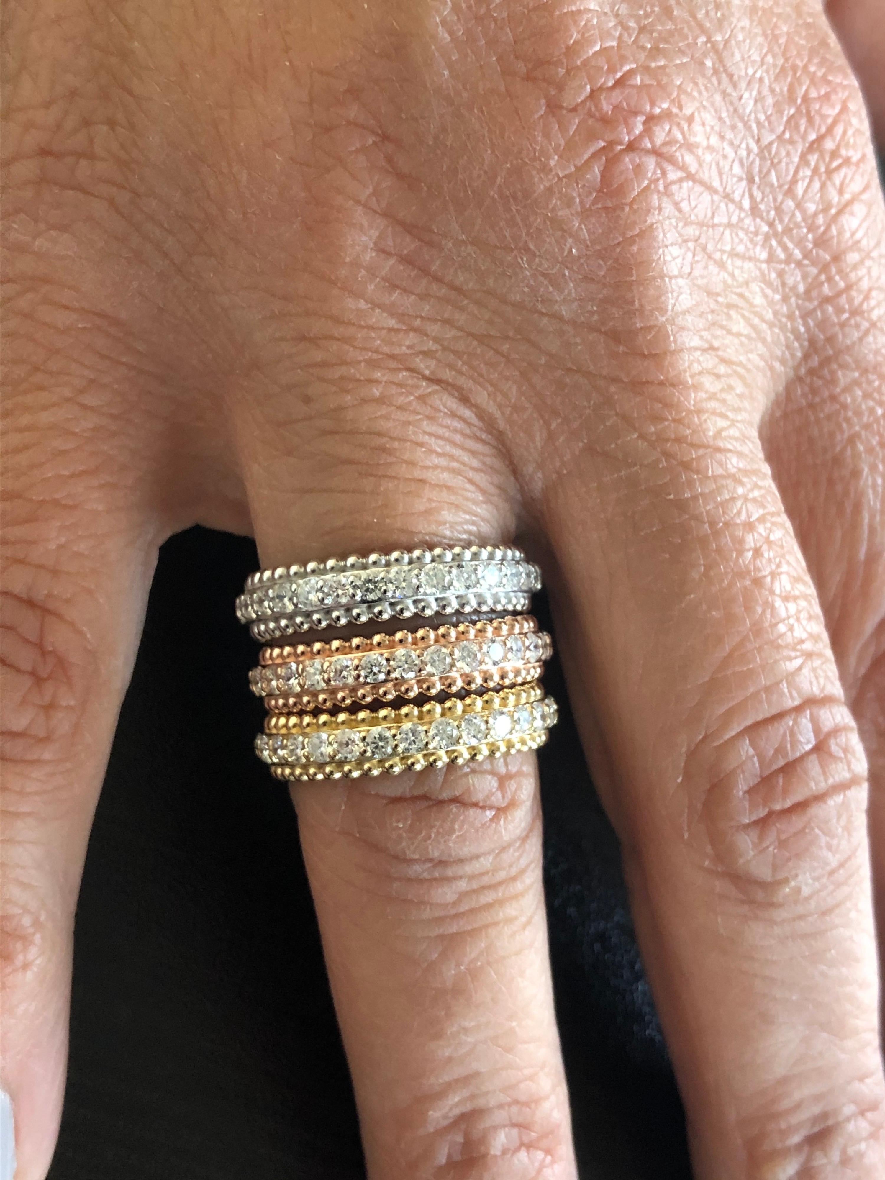 Modern 14 Karat White, Yellow, Rose Gold Diamond Beaded Rings For Sale