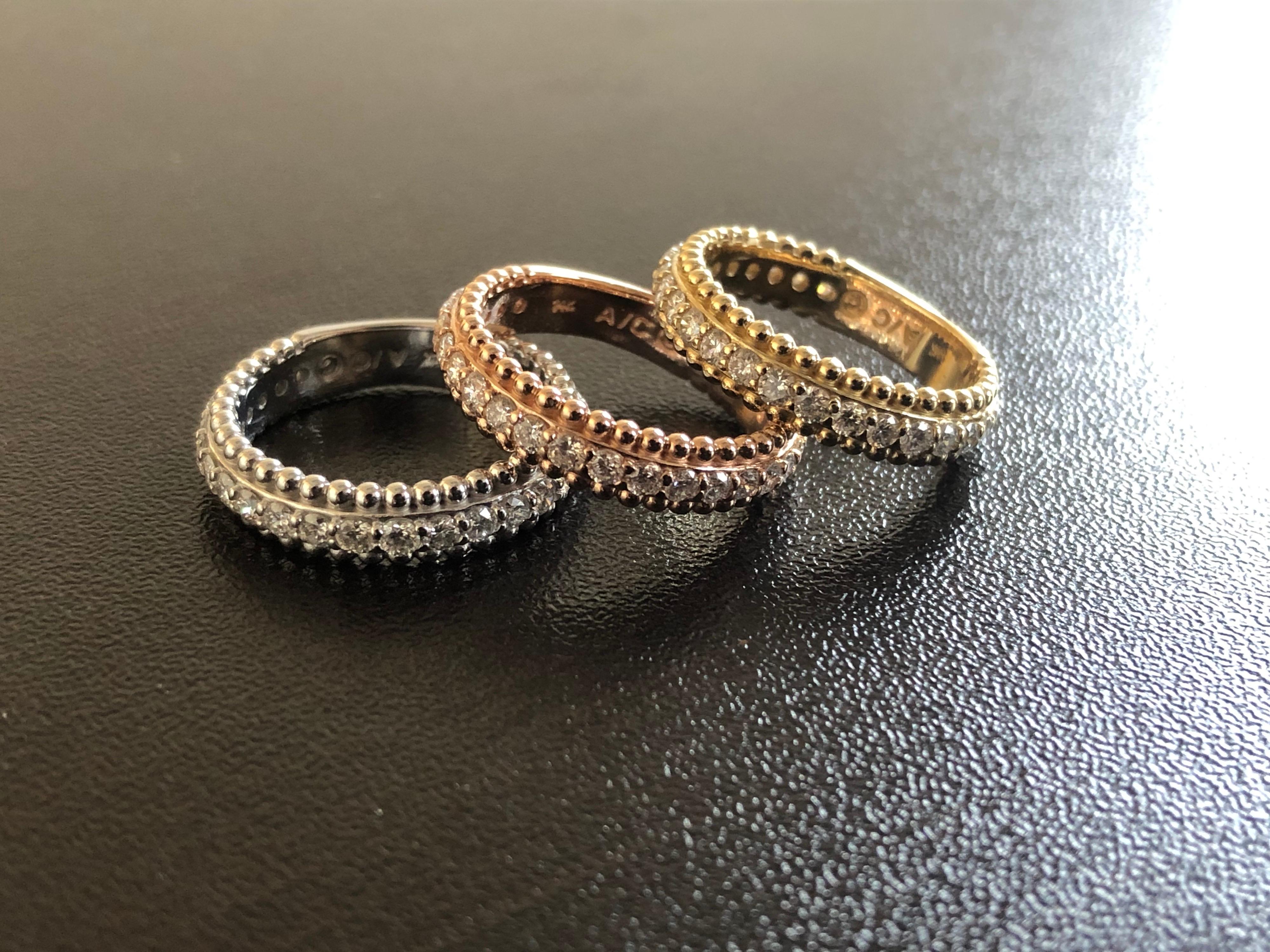 14 Karat White, Yellow, Rose Gold Diamond Beaded Rings In New Condition For Sale In Great Neck, NY