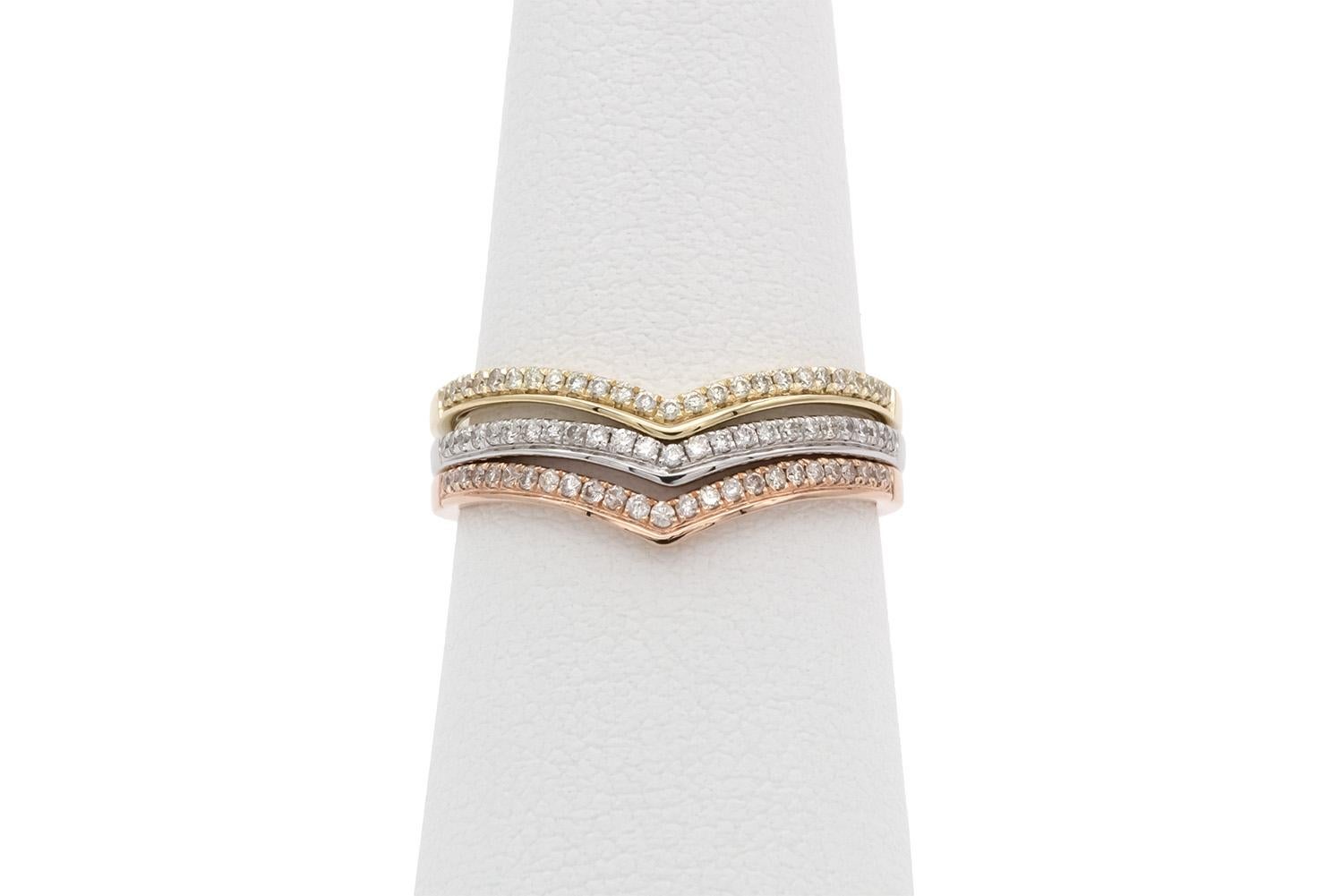 14k White Yellow & Rose Gold Diamond Chevron Stacking Fashion Rings In New Condition For Sale In Tustin, CA