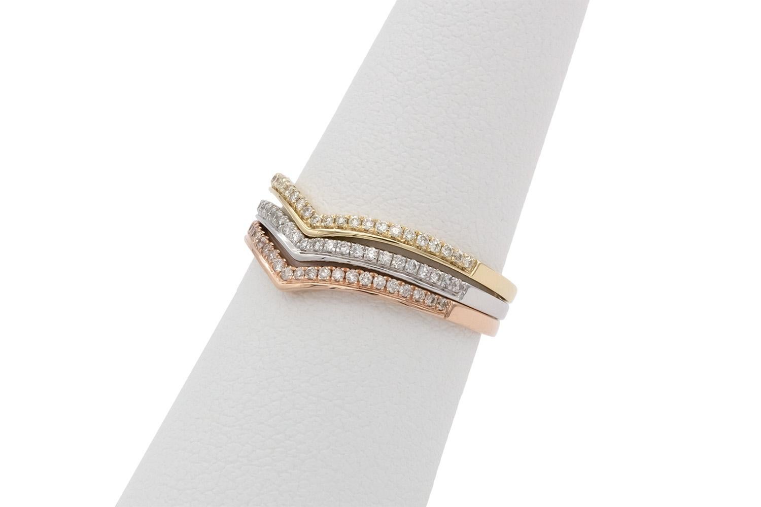 Women's 14k White Yellow & Rose Gold Diamond Chevron Stacking Fashion Rings For Sale