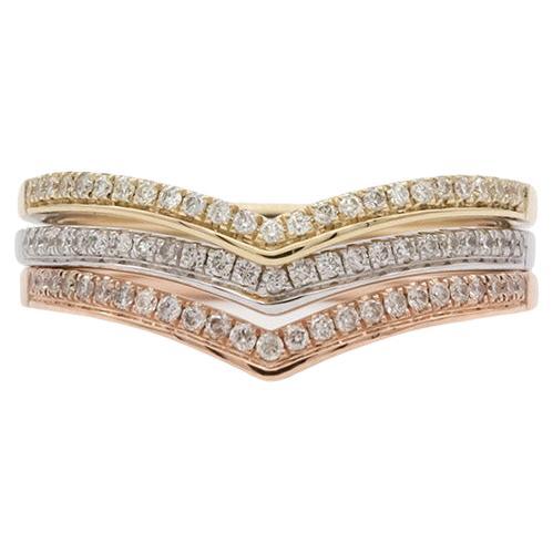 14k White Yellow & Rose Gold Diamond Chevron Stacking Fashion Rings For Sale
