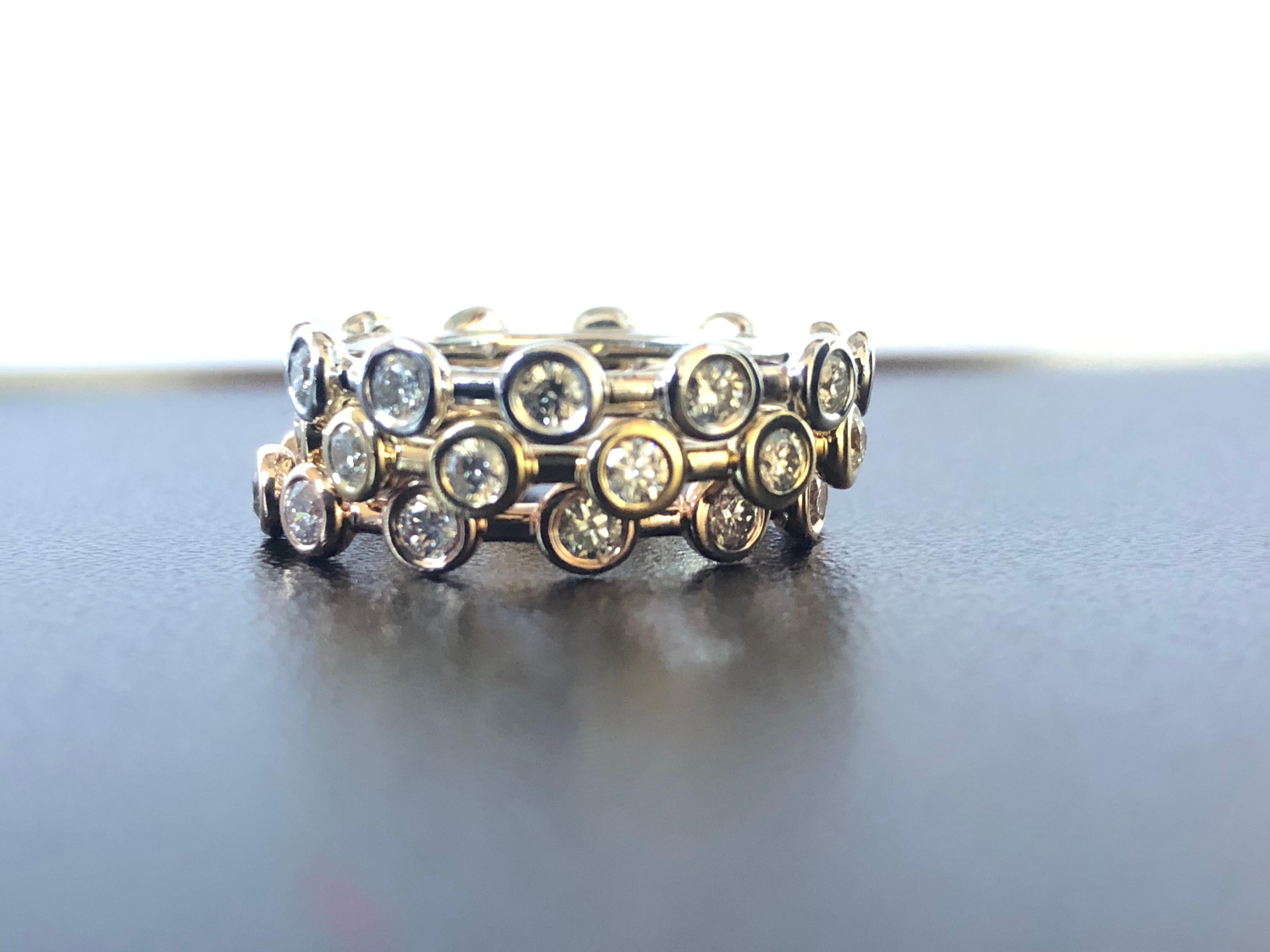 Modern 14 Karat White, Yellow, Rose Gold Diamond Stack Bezel Rings For Sale