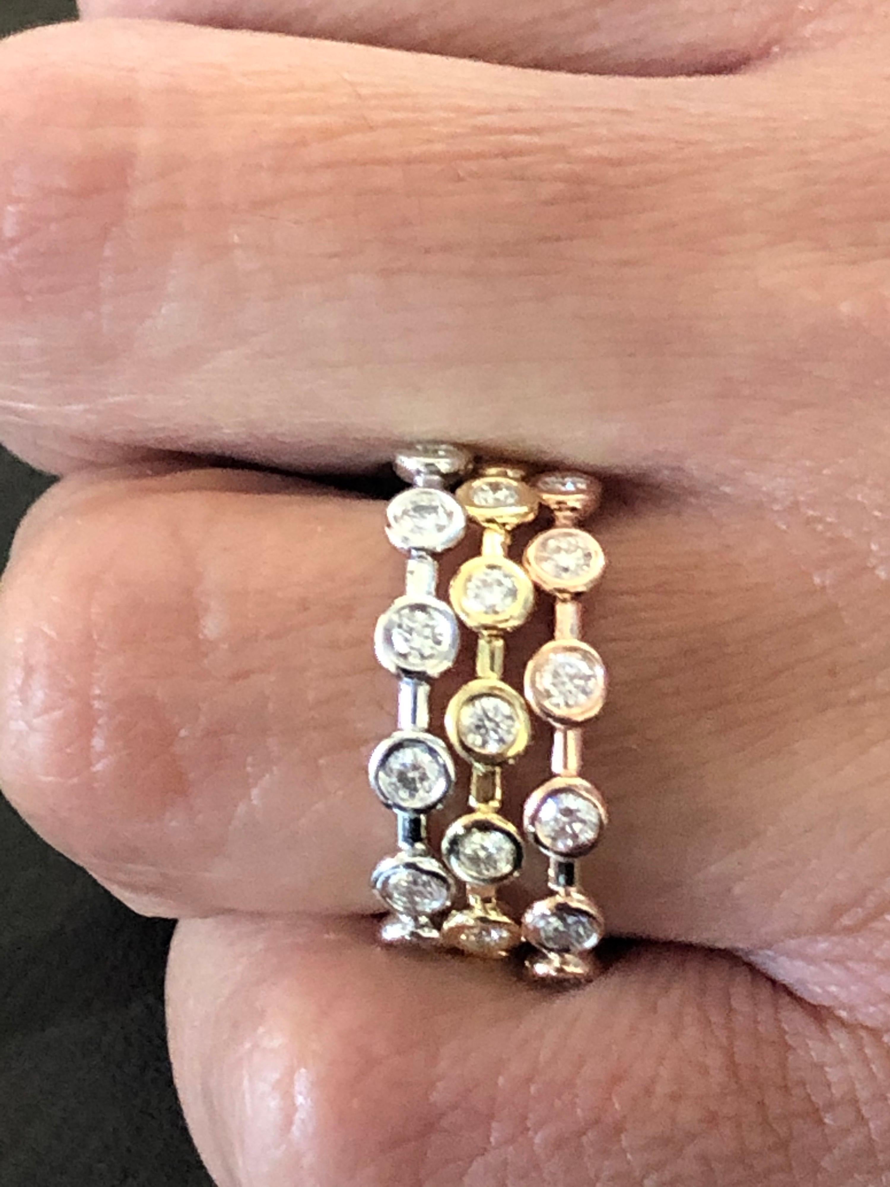14 Karat White, Yellow, Rose Gold Diamond Stack Bezel Rings In New Condition For Sale In Great Neck, NY